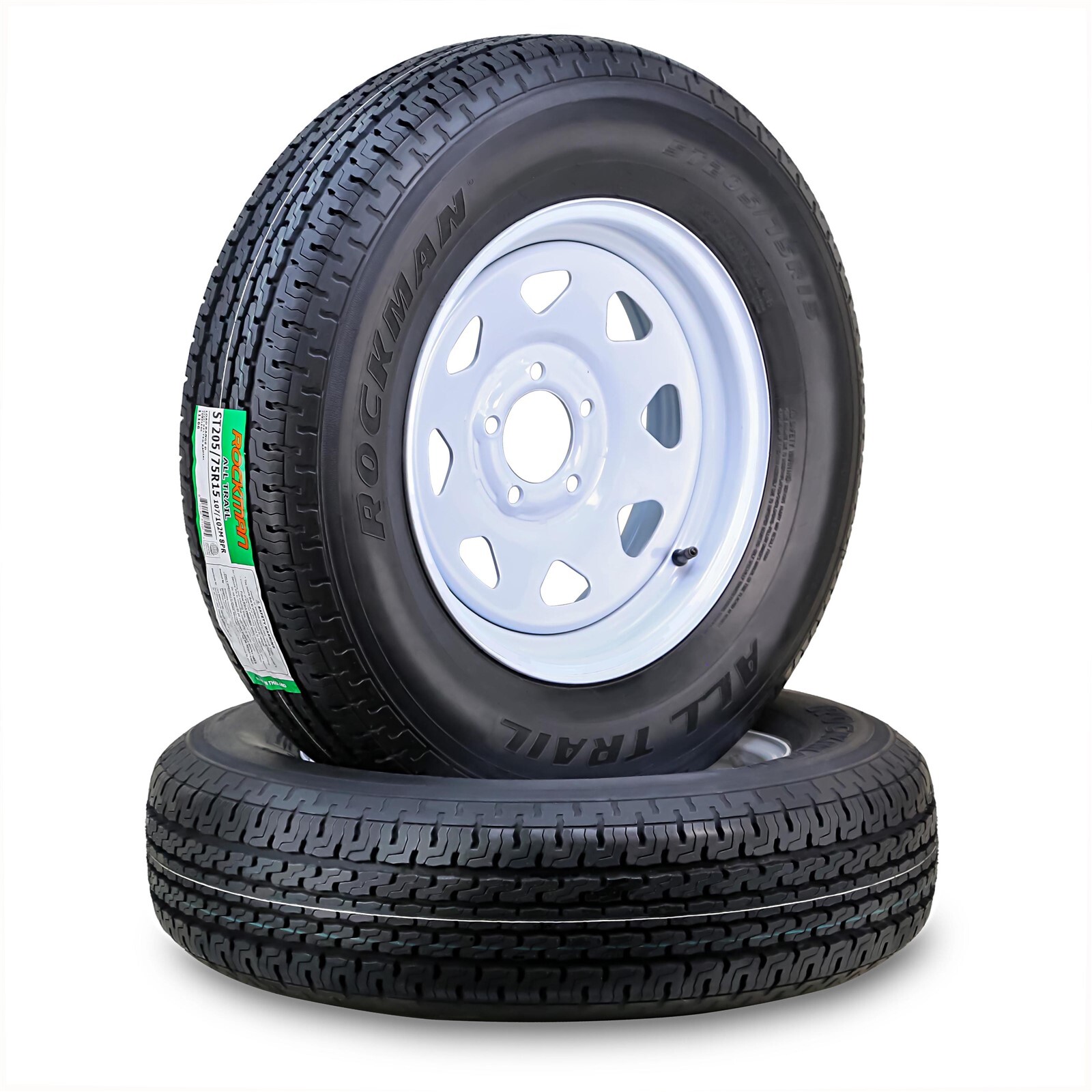 2 ROCKMAN Trailer Tire Wheel ST205/75R15 8-Ply D 107M 5 Lug on 5″ White Spoke