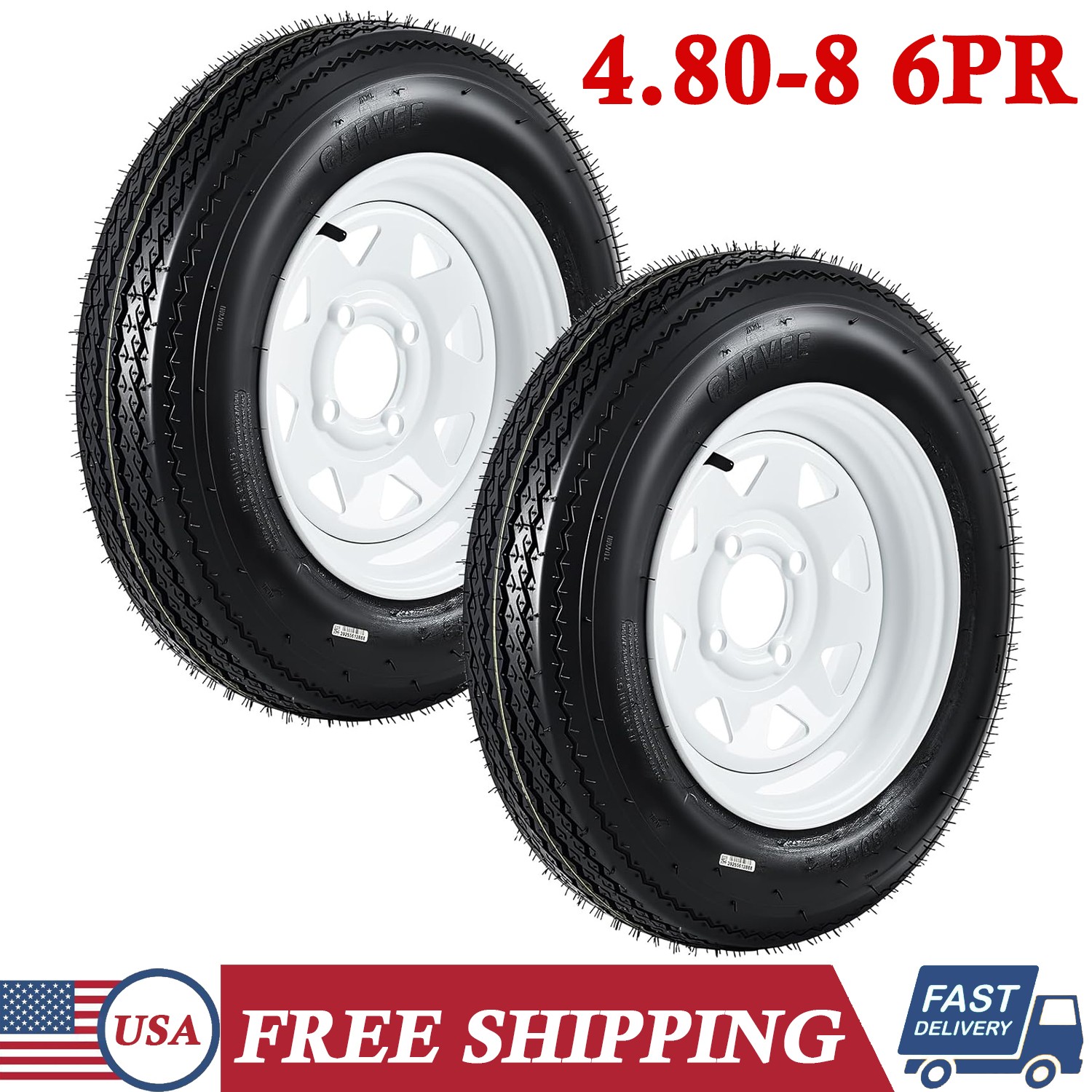 2-Pack 4.80-8 4.80×8 480-8 Trailer Tires Rims Load Range C 6PR Tires 4 Lug Tire