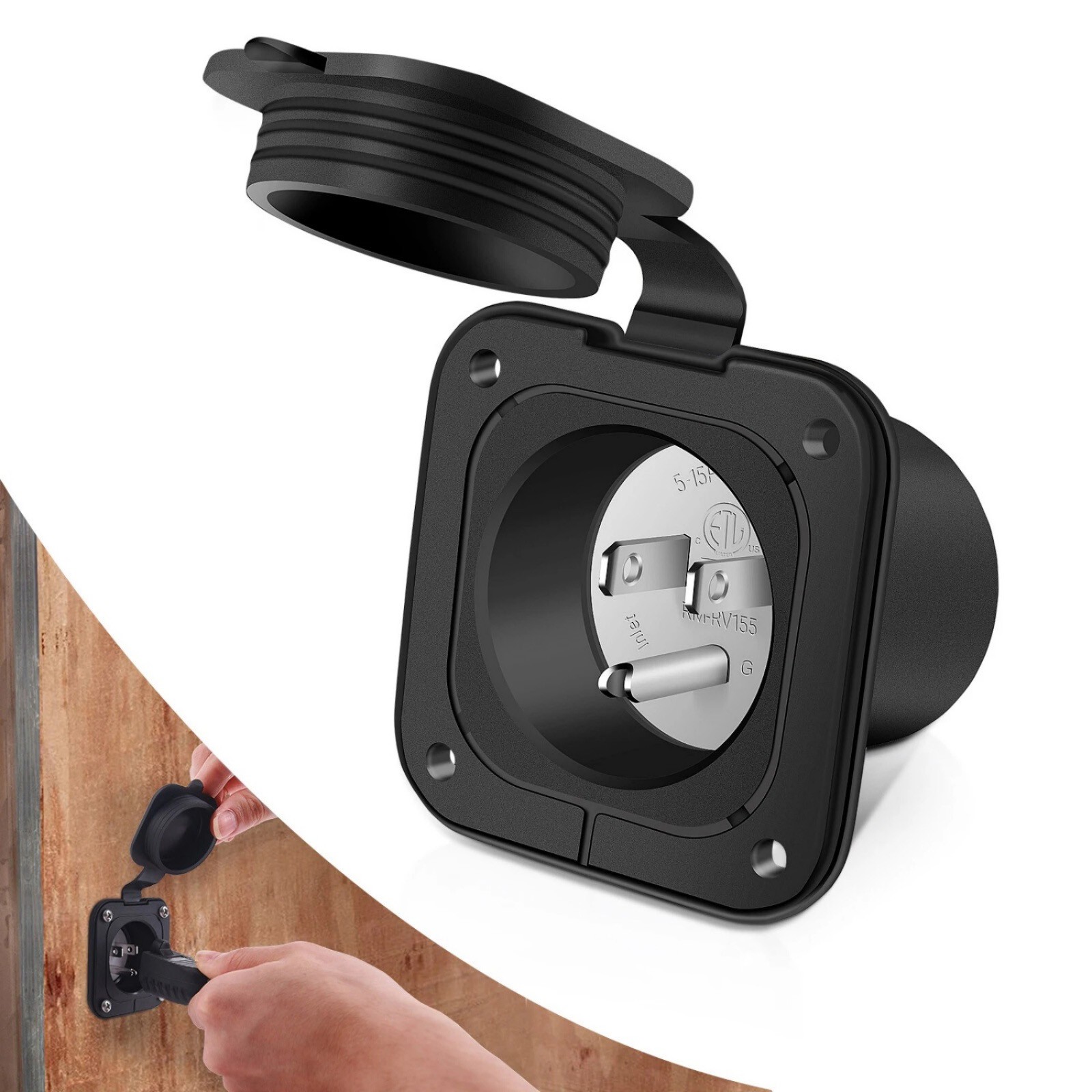 1× 15A 125V RV Power Inlet Receptacle with Waterproof Cap for Camper Marine Boat