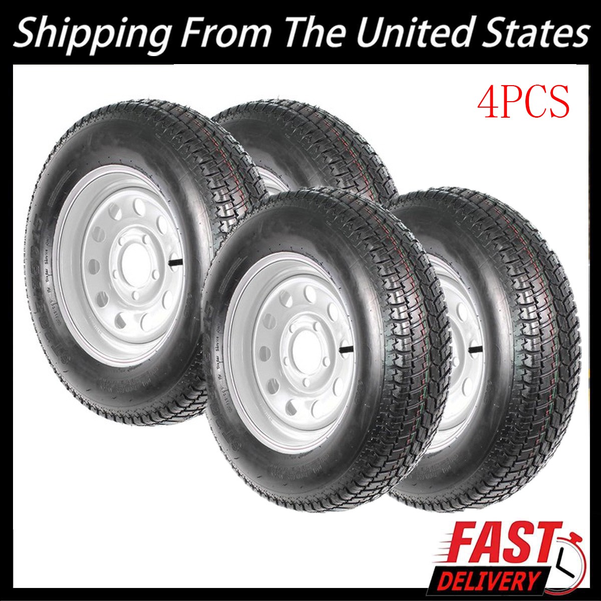 4 PCS ST205/75D15 Trailer Tires with 15″ Rims, 5 Lug on 4.5″, Load Range C, 6PR