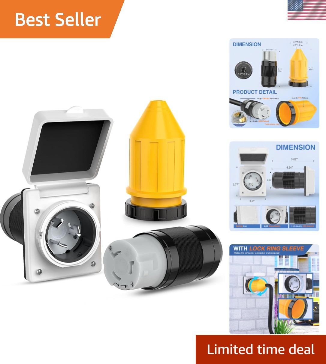50AMP RV Power Inlet Outlet Shore Kit w/Boot Cord Protector Listed 125/250V …