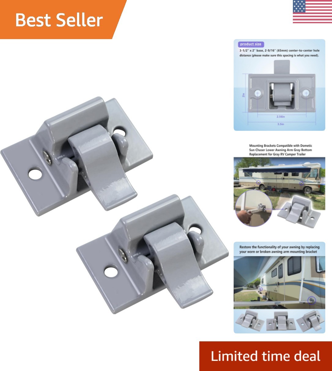 2 Pack Mounting Brackets for Dometic Sun Chaser Awning Arm – Gray RV Replacement