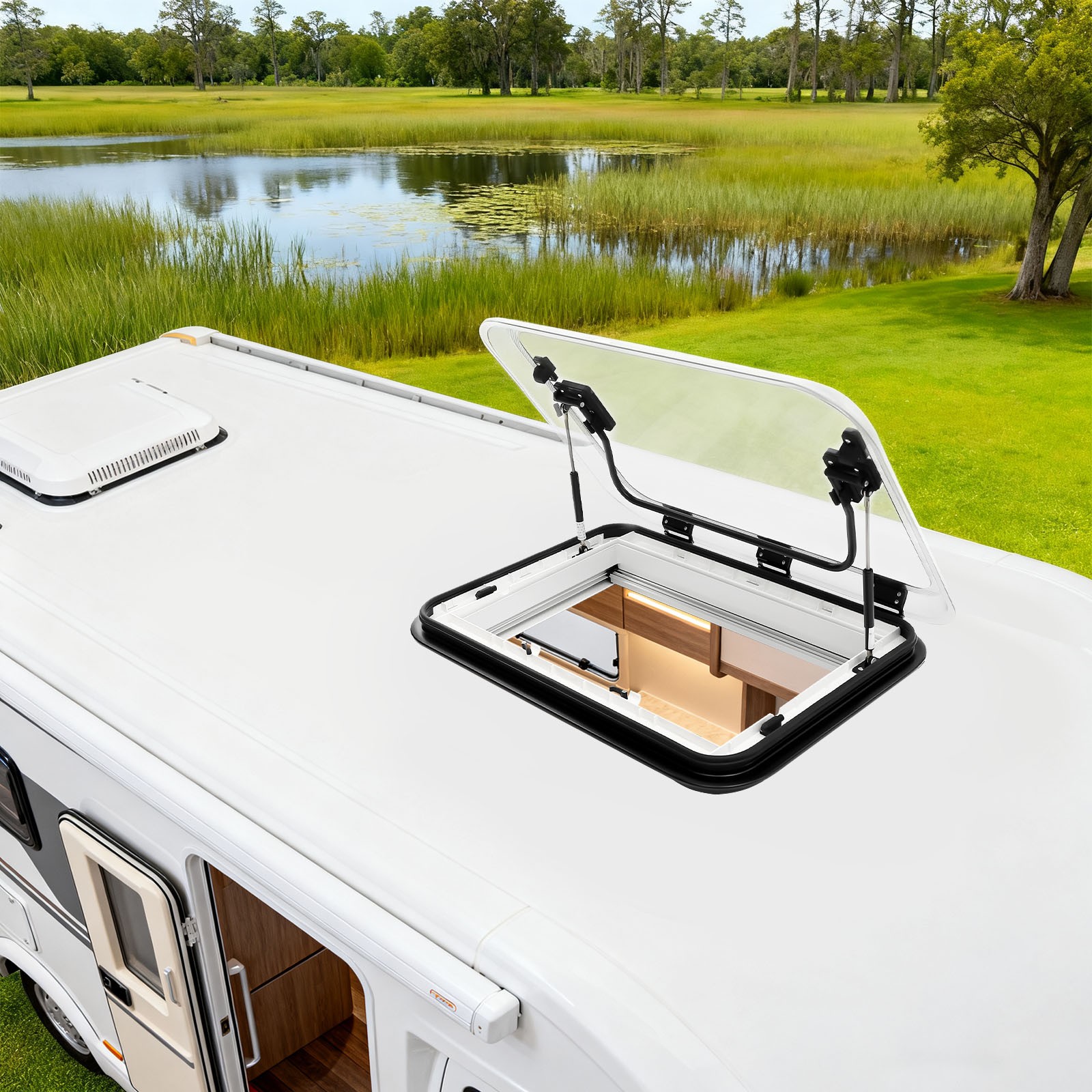 70° Camper Van Roof Window Caravan Roof Vent Hatch Roof Skylight & Led Light