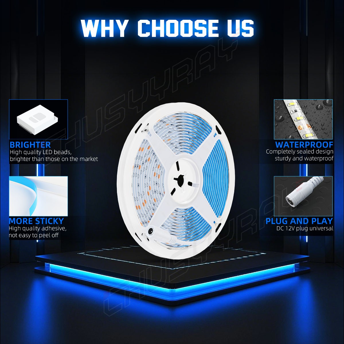 5M/16.4ft Blue 2835 SMD 300 LED Strip Light Flexible IP65 Waterproof 12V DC