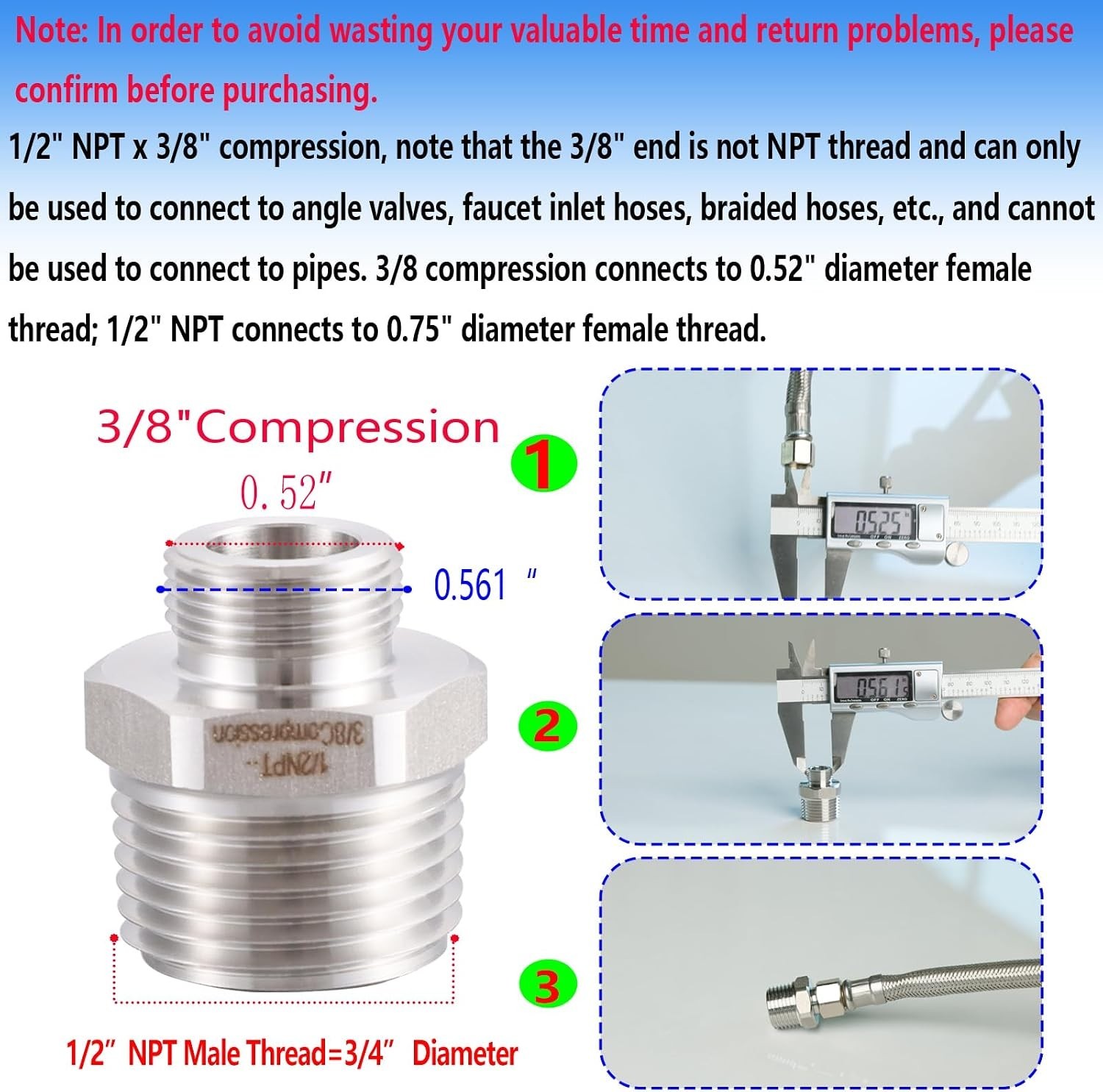 Lead-Free 304 RV Faucet Adapter Set – 1/2″ to 3/8″ Reducer (Set of 2)