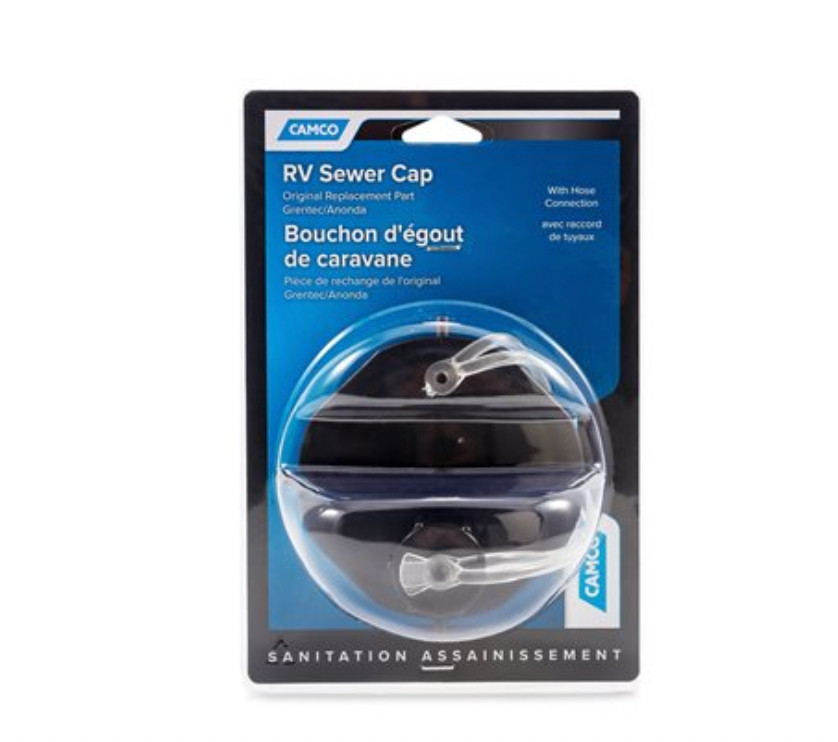 Camco RV Sewer Cap with hose connection – Cap with hose connection Bilingual