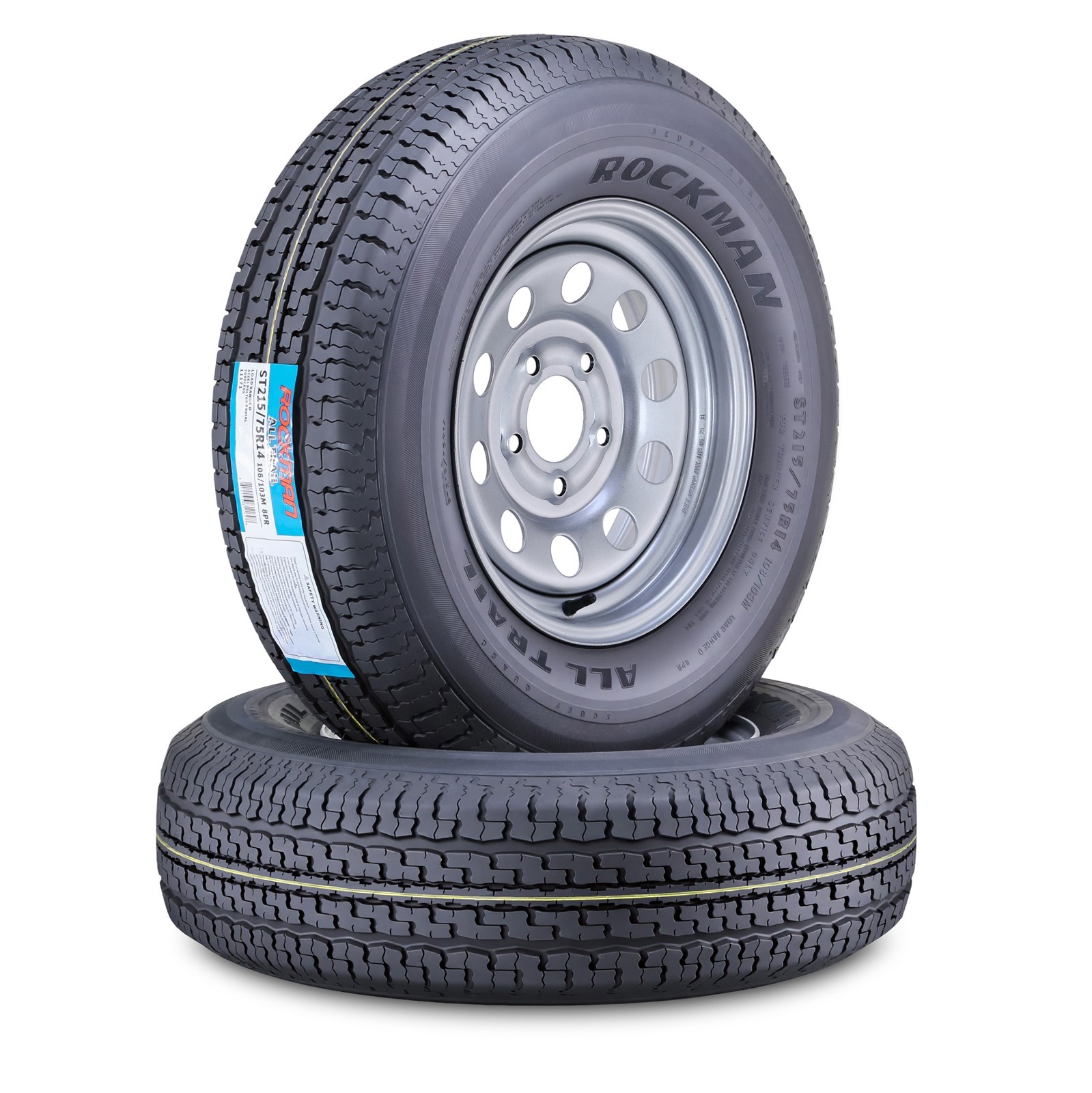2 ROCKMAN Trailer Tire Wheel ST205/75R15 10-Ply E HD 2400lbs 5×5 Silver Mod Rim