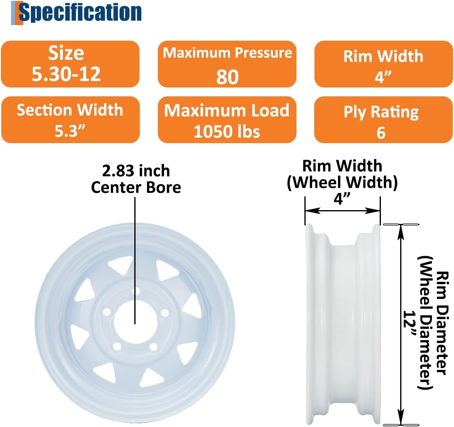 2 X 5.30-12 5.30×12 530-12 Trailer Tires w/12″ Rims 5 Lug on 4.5″ White Wheel