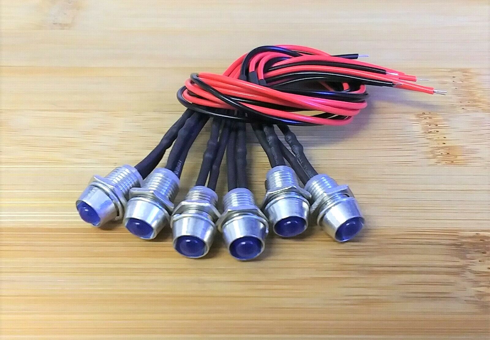 6 BBT 12 volt Blue LED Indicator Lights in Chrome Metal Bezels