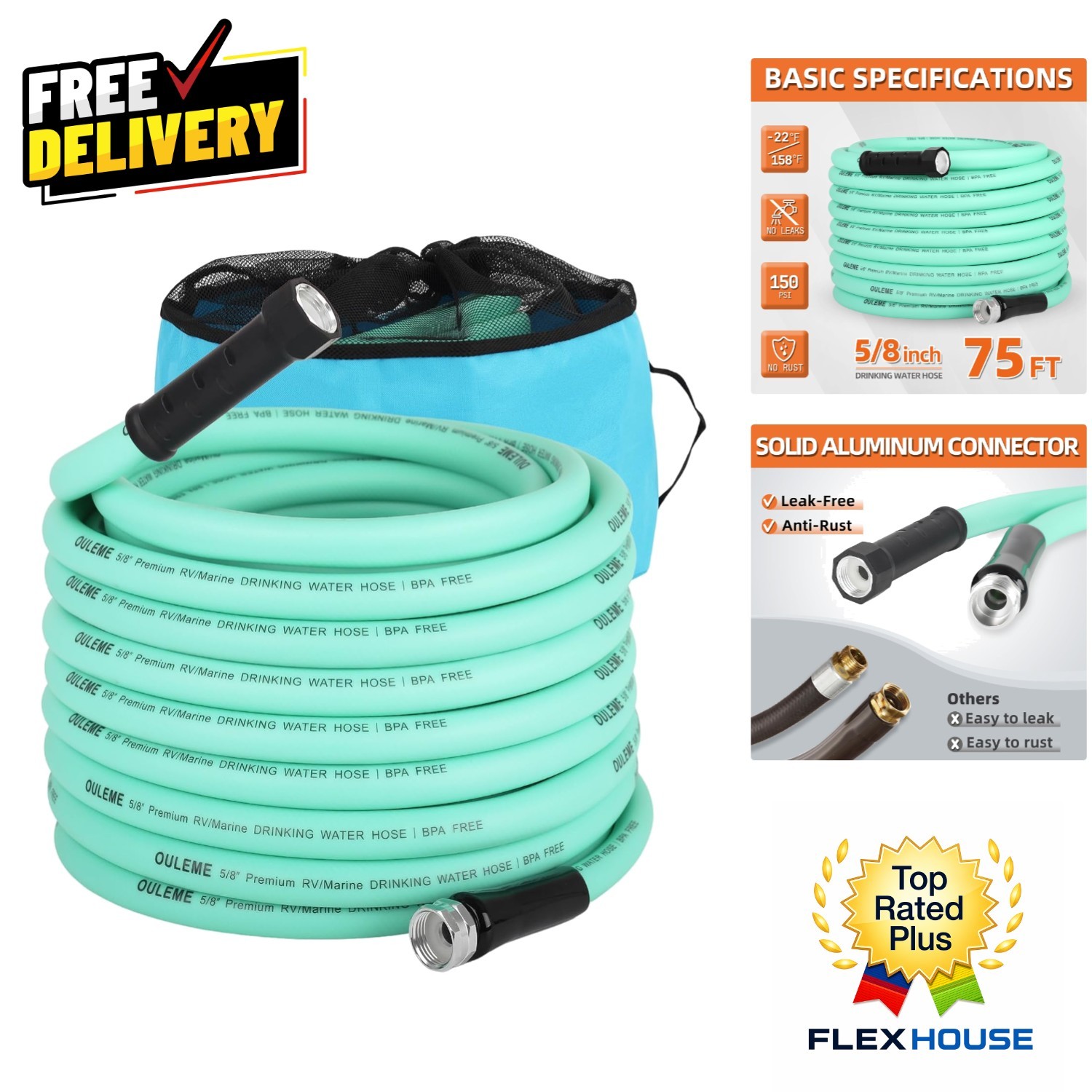 75ft Drinking Water Hose with Sturdy Aluminum Connectors & Storage Bag