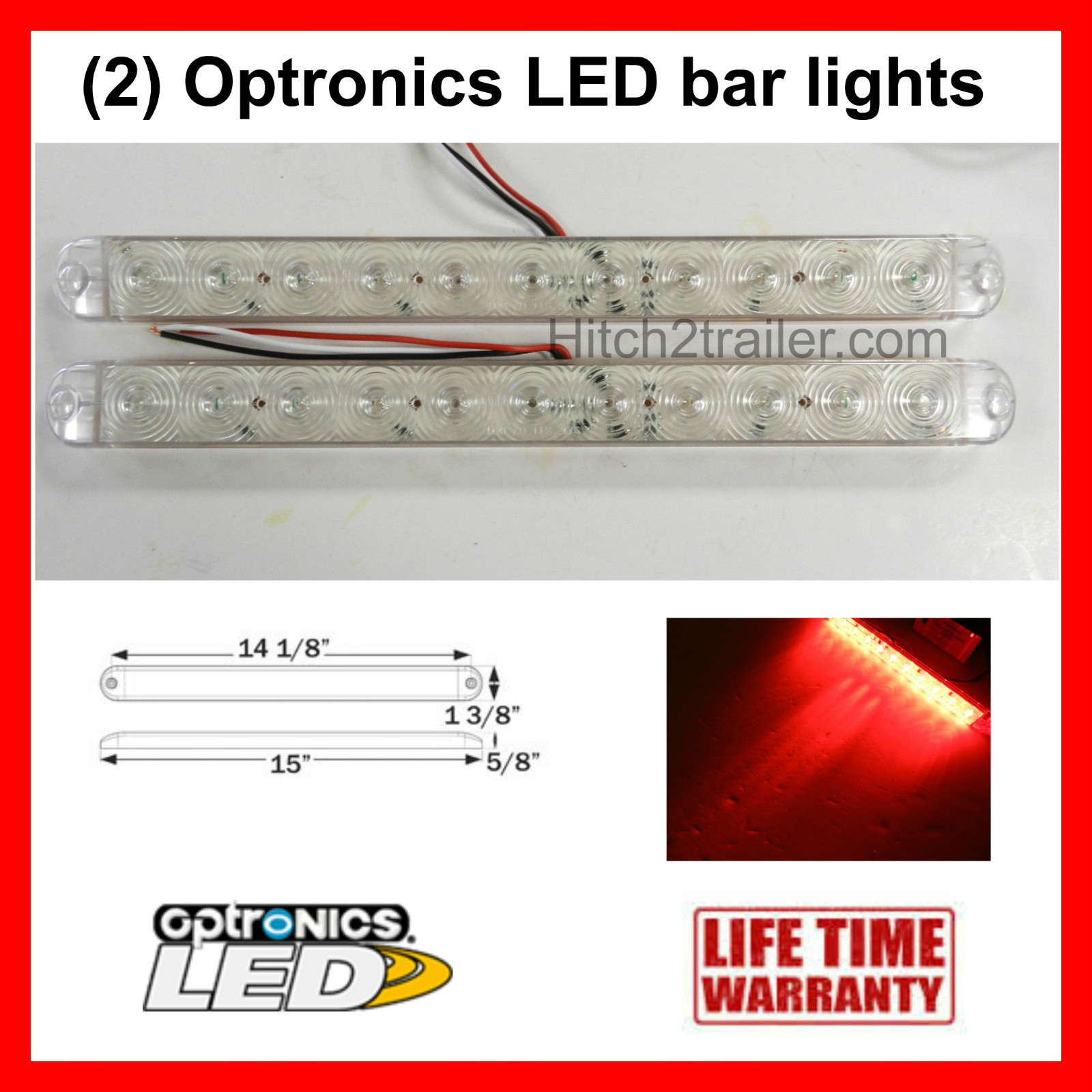 (2) Clear/Red Truck Trailer Stop Tail Turn Bar Light 11 LED 15″ low profile