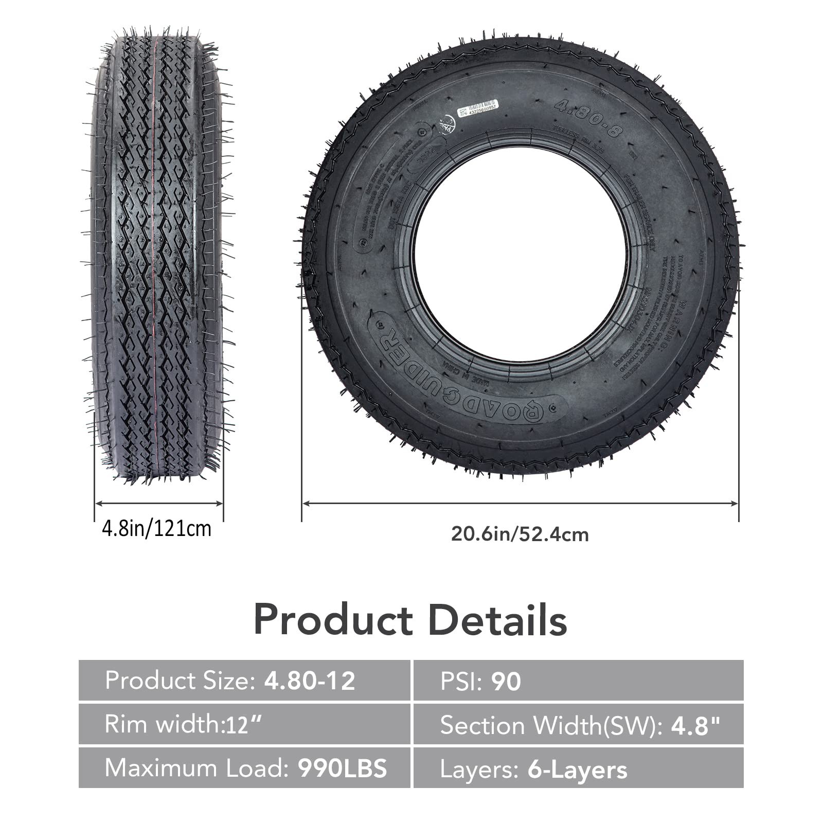 All-Season 4.80-12 Set of 2 Radial Trailer Tires 6PR Load Range C Fit 12″ Rims