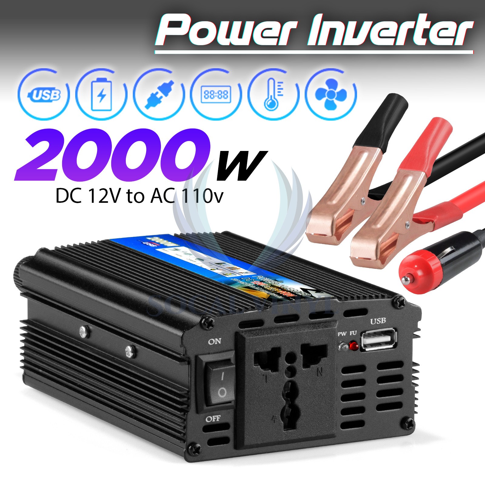 2000W Solar Power Inverter DC 12V To AC 110V AC Outlets Car Pure Sine Converter