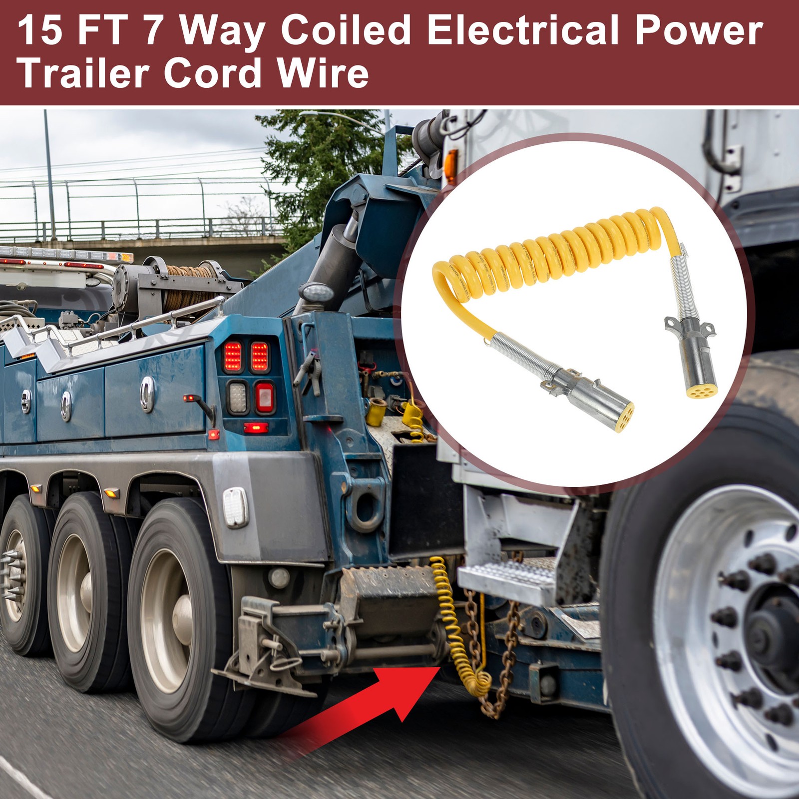 15 Feet 7 Way Coiled Electrical Power Trailer Cord Wire Zinc Alloy Male Plug