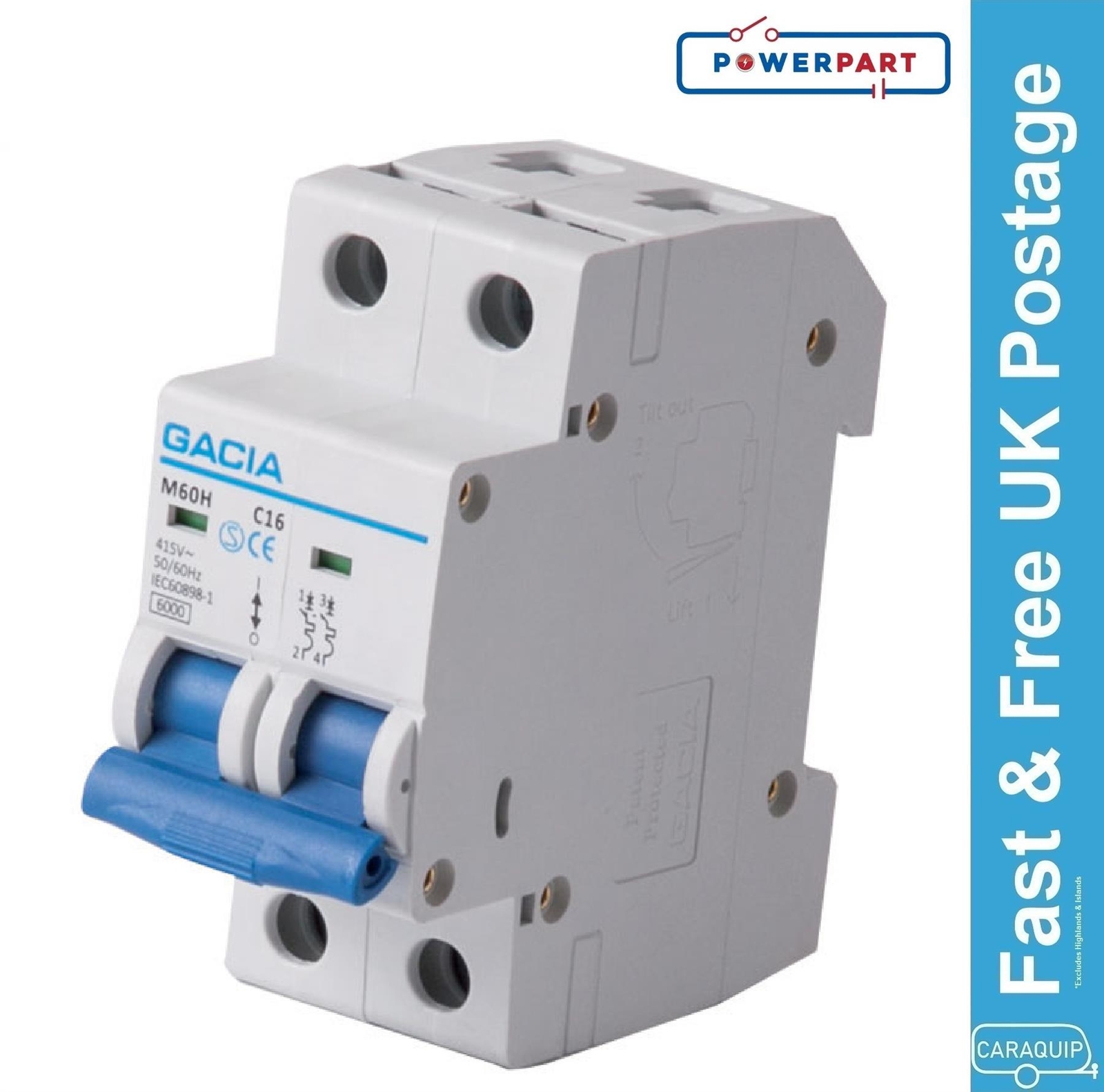 Gacia 16A Double Pole MCB Circuit Breaker Caravan Motorhome Boat Campervan