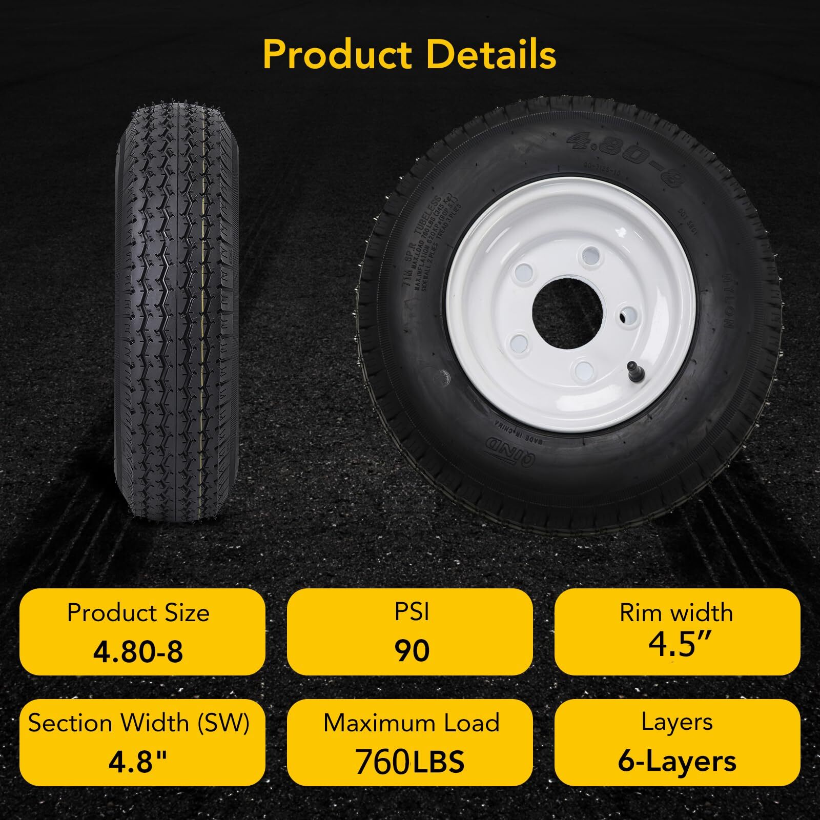 2 Set 4.80-8 4.80×8 480-8 Trailer Tires with Rims 5 Lug on 4.5″ and White Wheels
