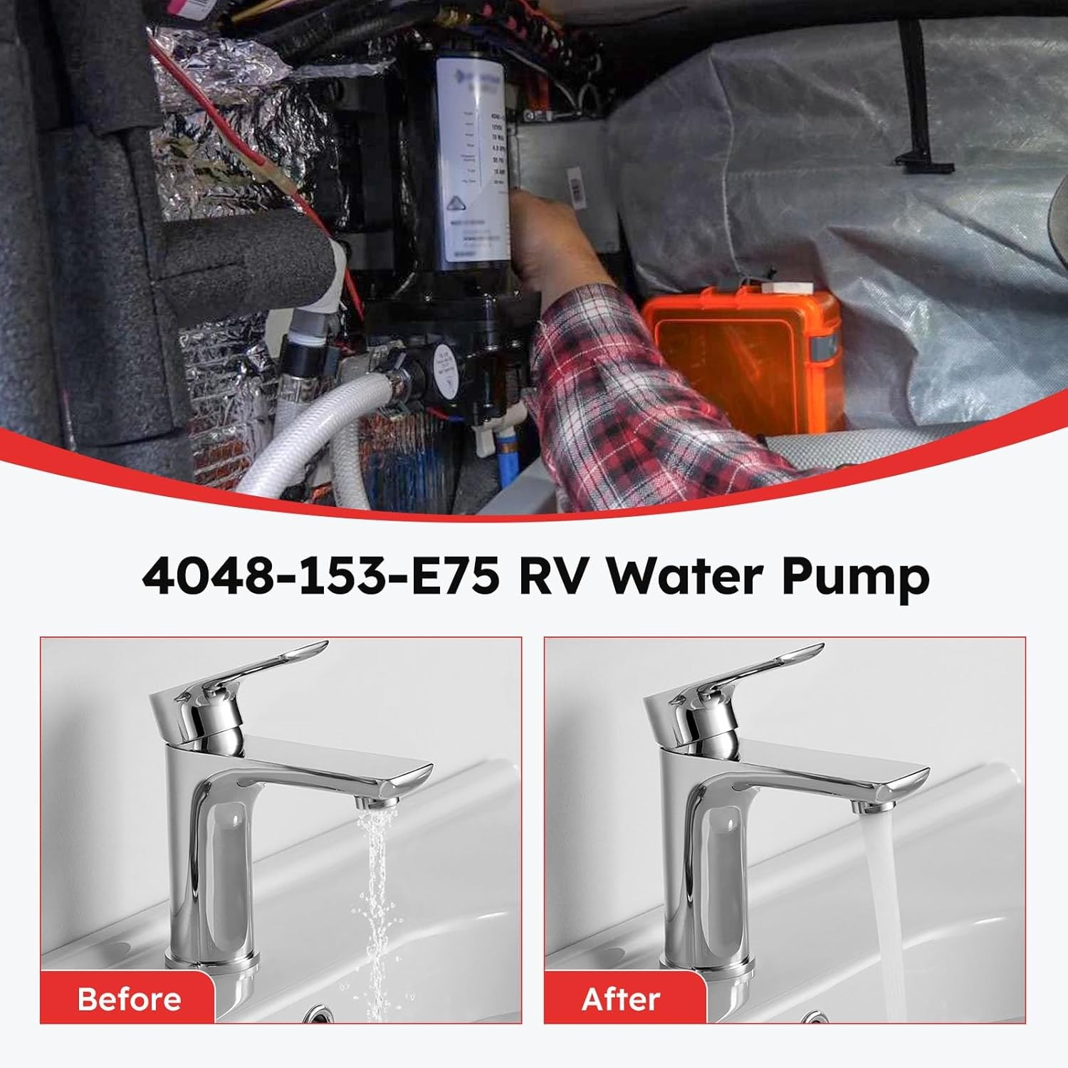4048-153-E75 RV Water Pump，12V 4.5 GPM, 55 PSI, 12 Amps Multi-Fixture Black