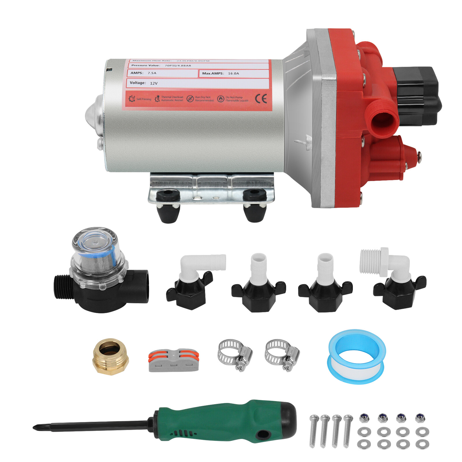 12V 6GPM Water Diaphragm Pump Self-Priming Pump High Pressure 70PSI for RV Boat