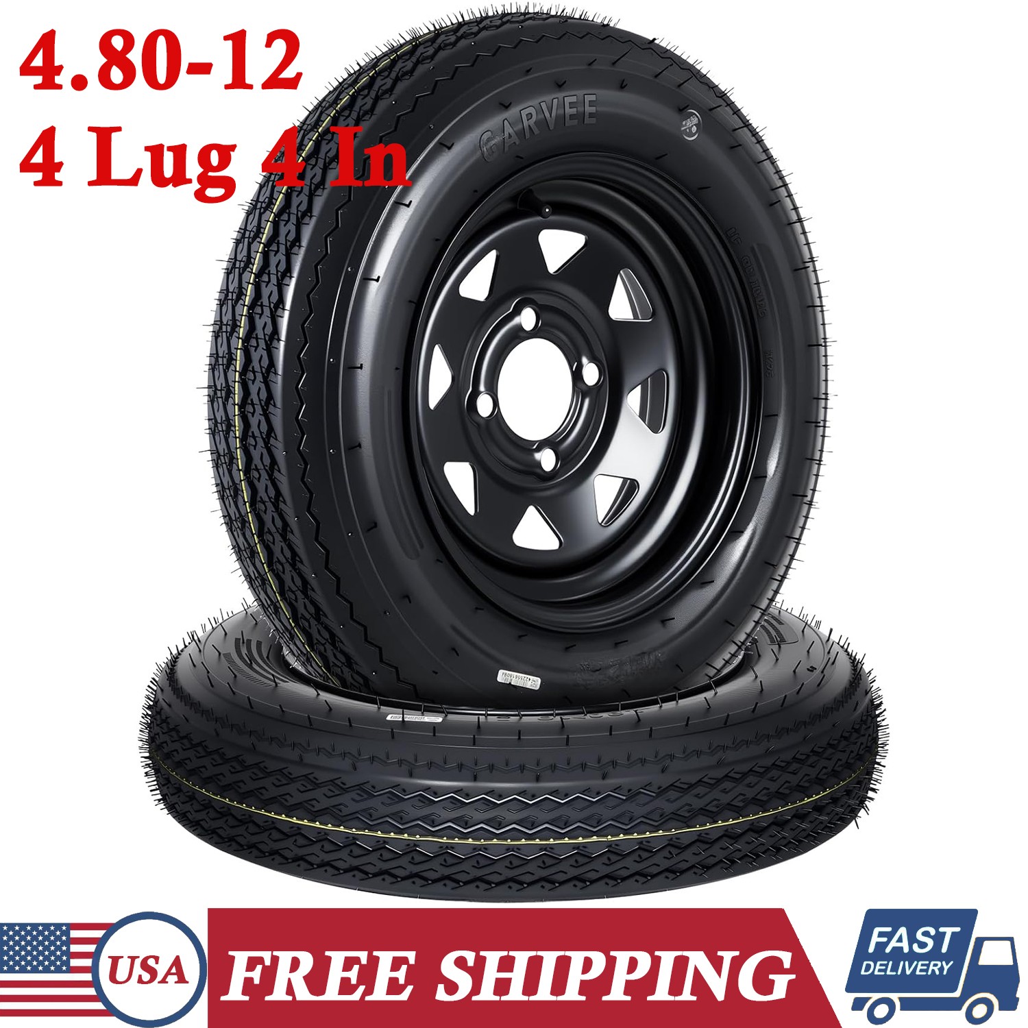 2-Pack 4.80-12 4.80×12 480-12 Trailer Tires w/ 12″ Rims 4 Lug on 4″ Load Range C