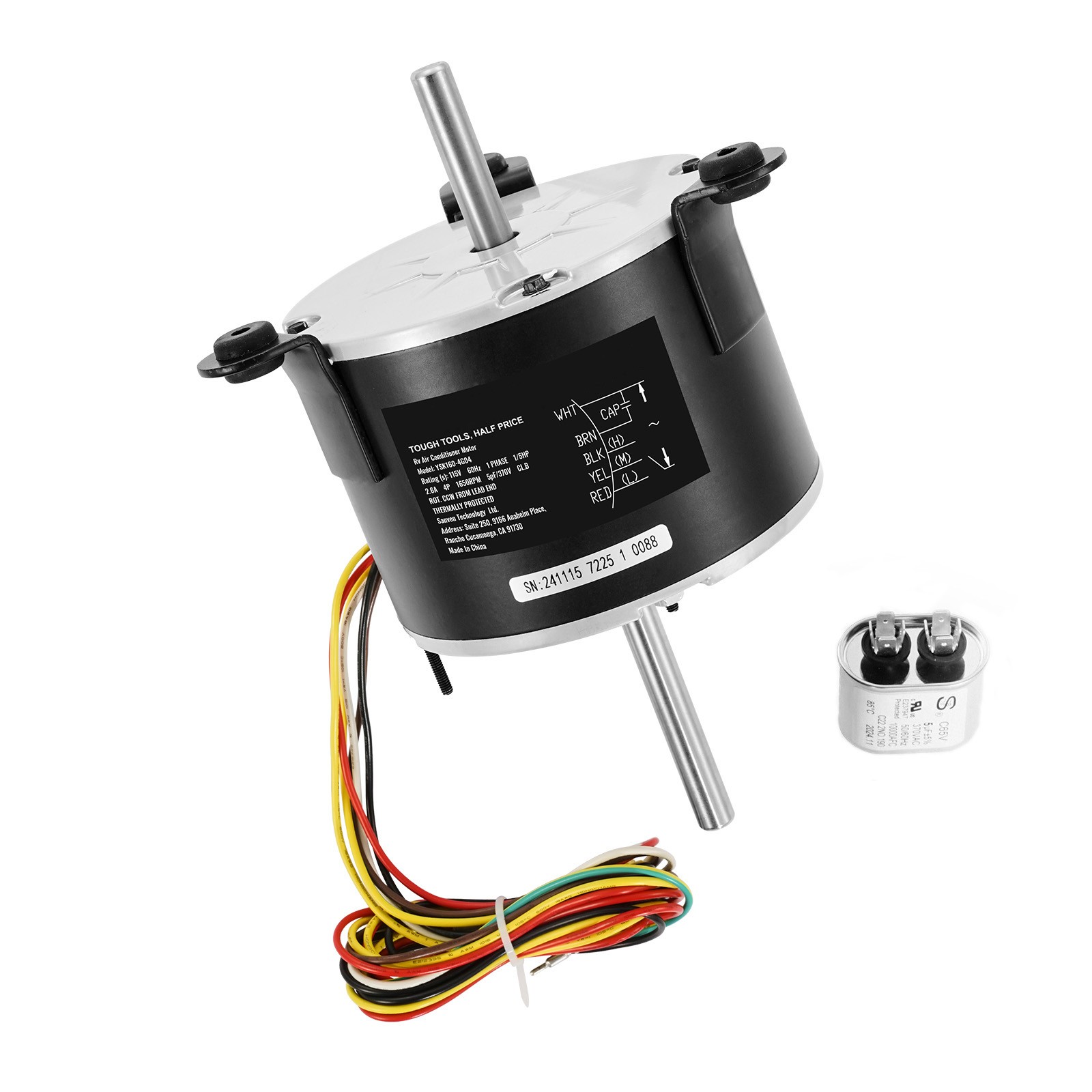1/5HP RV AC Fan Motor AC115V 2.6A 1650RPM Single Phase with 5uf/370V Capacitor