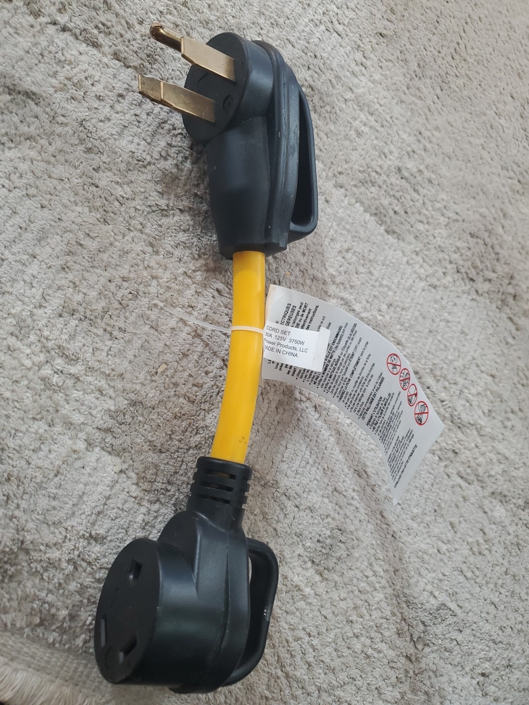 RV Generator Adapter 12″ Long – 30A 125VAC 3750W 60Hz Yellow Made In China