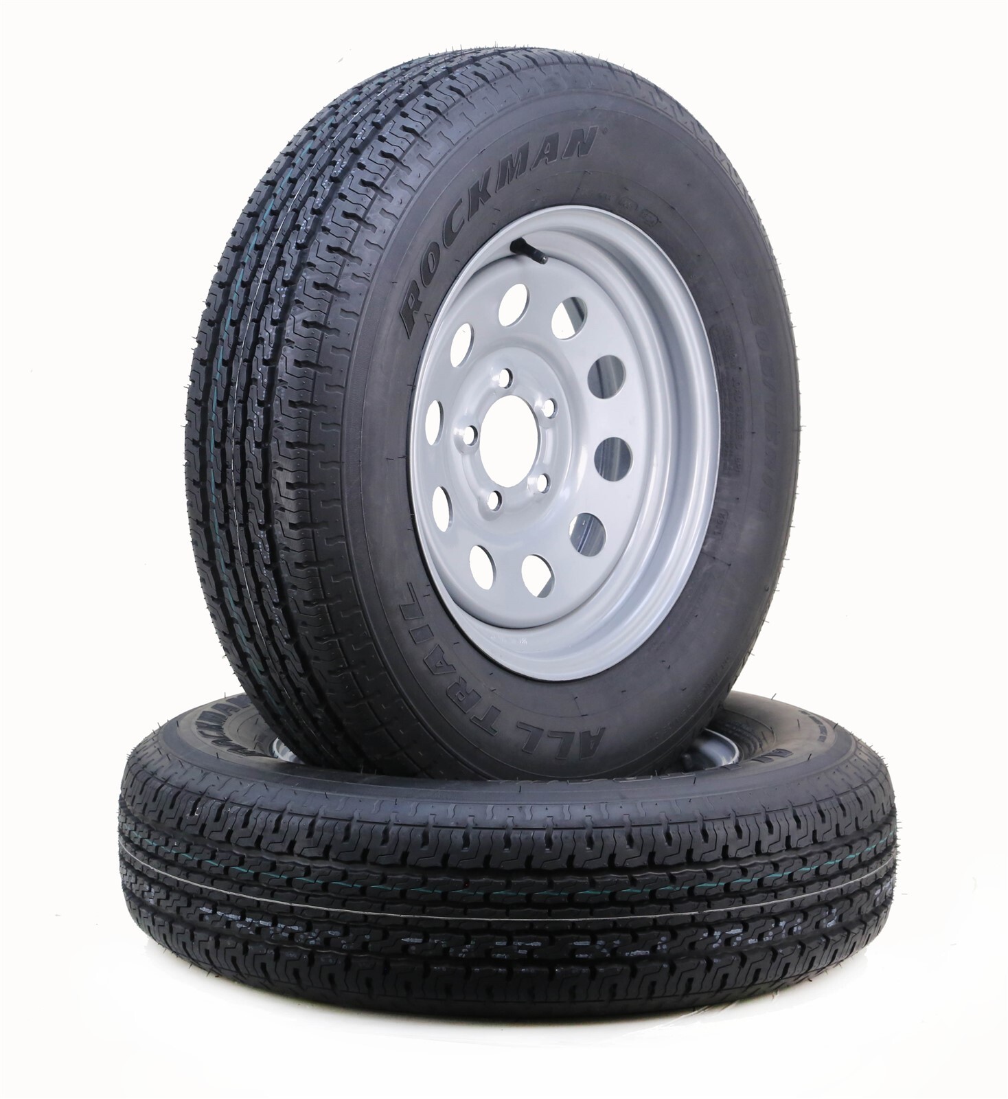 Set 2 Trailer Tire Silver Mod Rim ST205/75R15 8-Ply D 107M 5 Lug on 4.5″