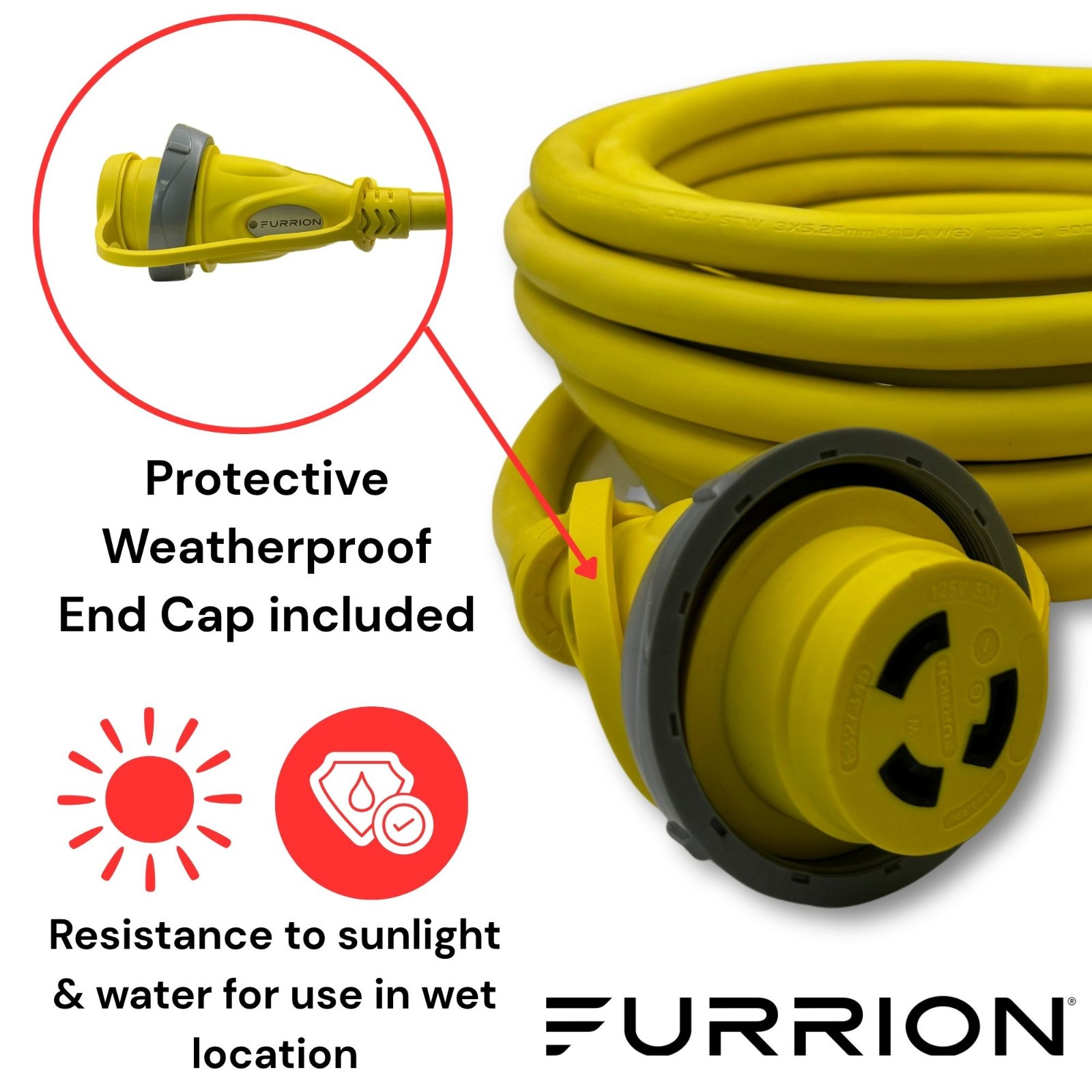 Furrion 30A 50FT Shore Power Cord RV Marine Cable Yellow LED L5-30 Twist Lock