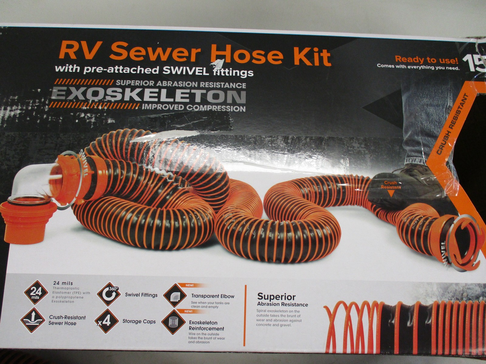 RHINO RV SEWER HOSE KIT 15 FOOT BLACK & ORANGE RV CAMPER