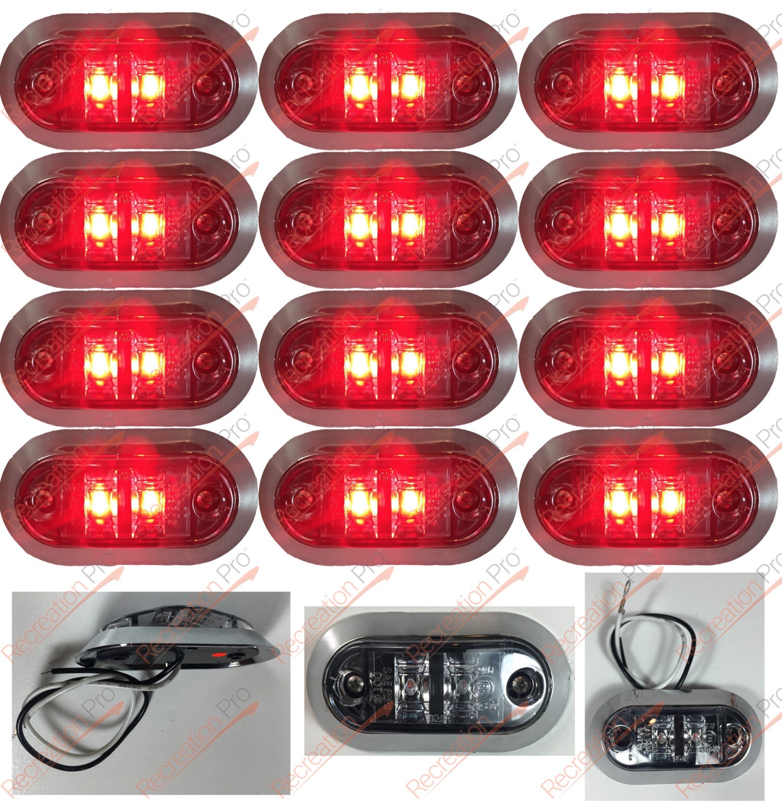 3.25″ x 1.75″ Clear Lens Red LED Clearance Marker Chrome DOT Semi Truck 12-Pack