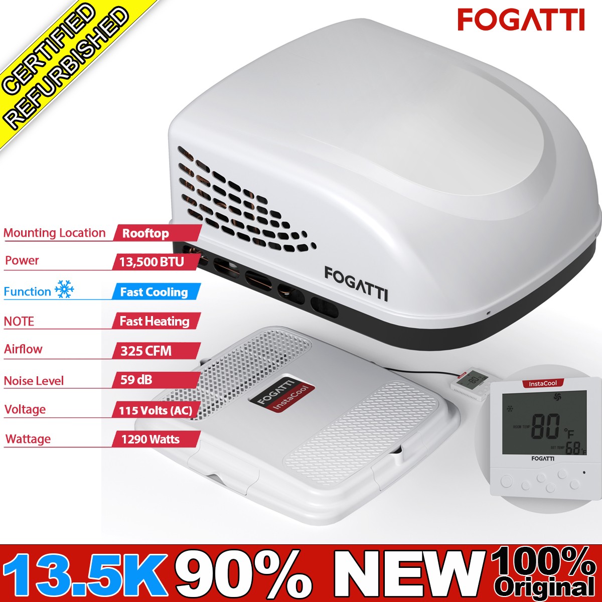 Used-FOGATTI RV Air Conditioner 13500BTU Rooftop Trailer Camper AC Unit Cooling