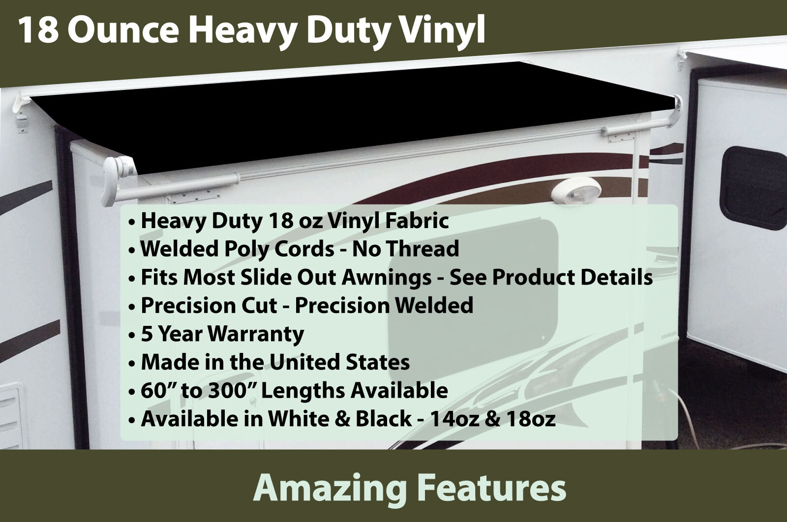 RV Slide Out Awning Replacement 18oz Fabric Black – 5 Year Warranty Choose Size
