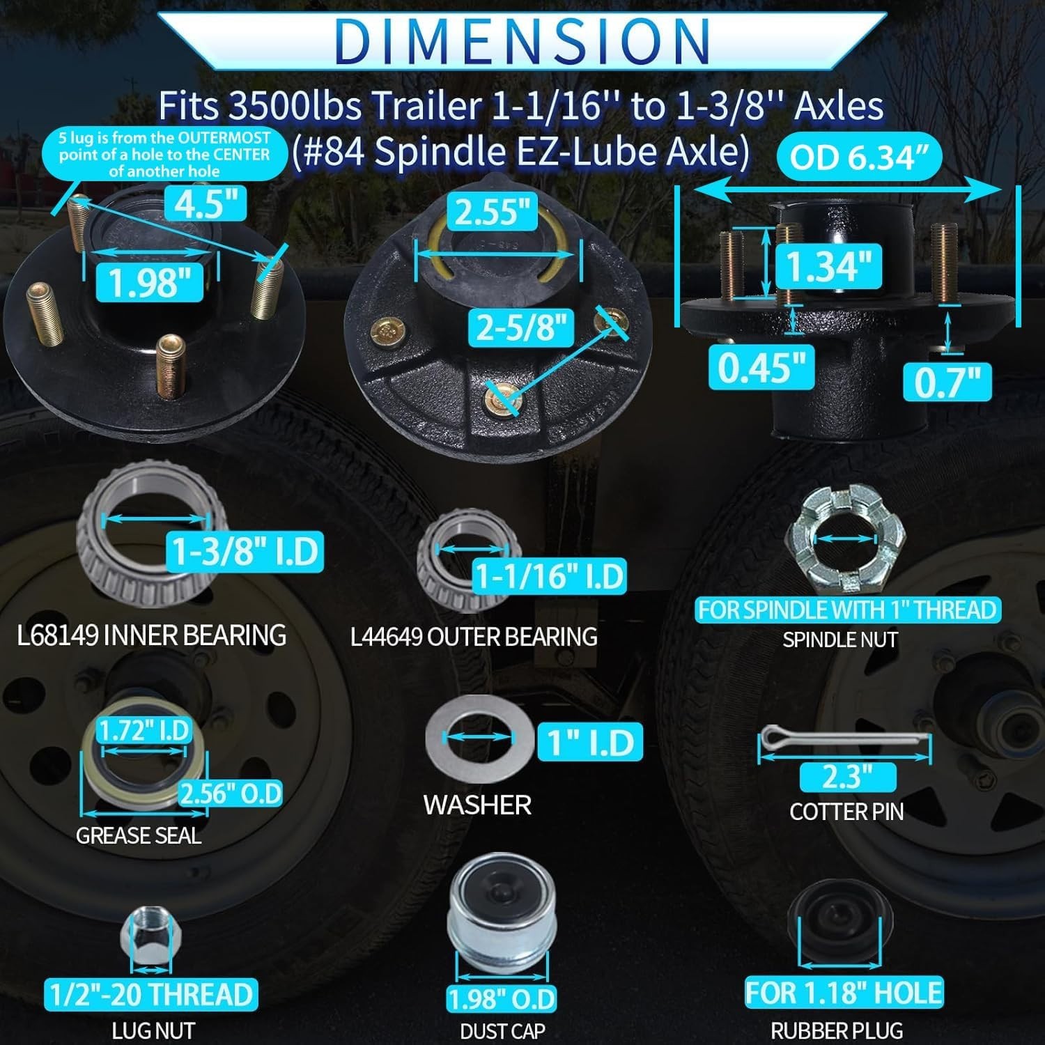 5 Lug 4.5” Idler Hub Kit for 3500lb Spindle – Sturdy Carbon Steel Construction