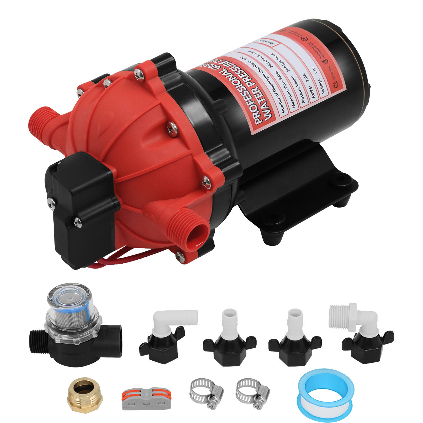 12V RV Water Pump 6.5GPM 70PSI 5-Chamber Diaphragm Pump Self-Priming Pump Boat