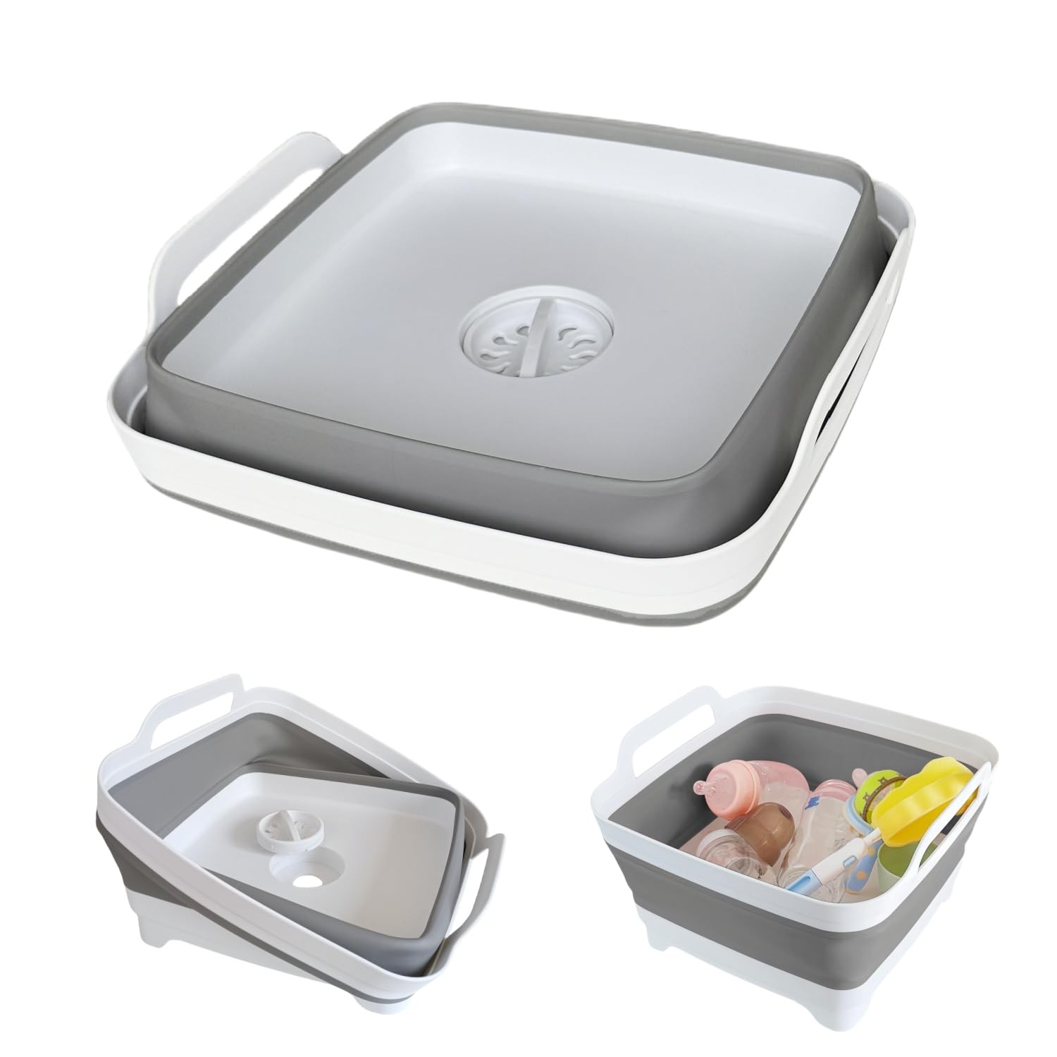 Collapsible Wash Basin with Drain Plug – 2.4 Gallon Foldable Gray