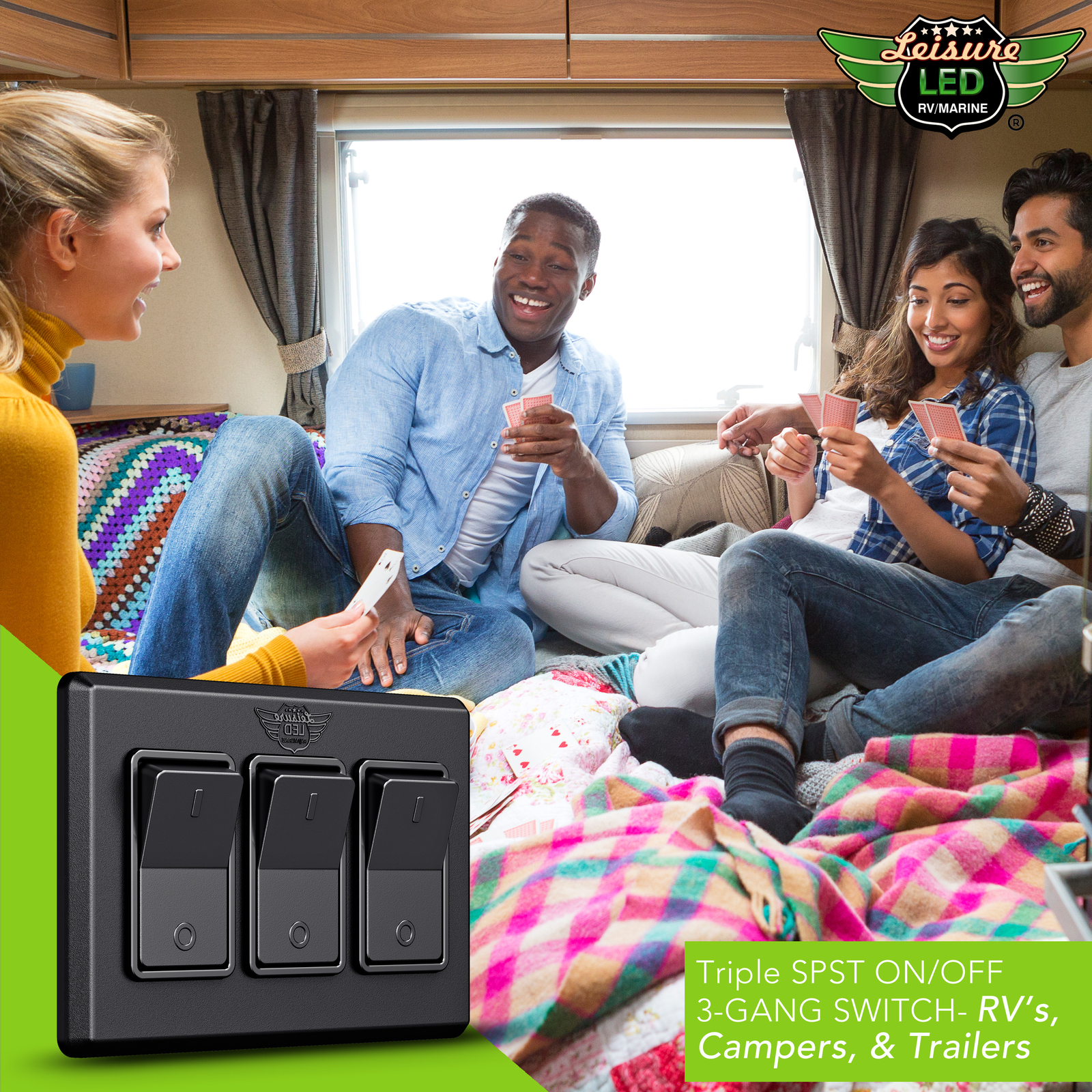 Single 3 Gang On-Off 12V Black Light Switch -RV Camper Trailer Marine Boat 12 V