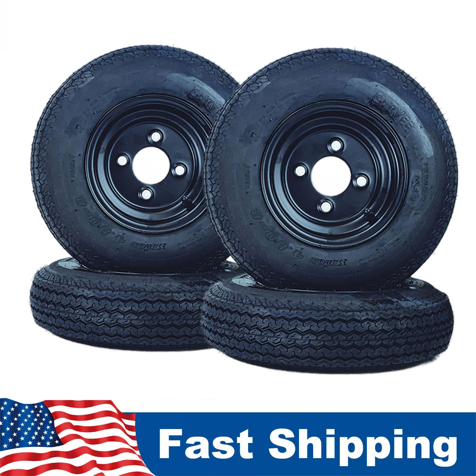 Set of 4 Trailer Tires with 8″ Rims 4.80-8 4.80×8 480-8 Load Range C 4 Lug 6-Ply