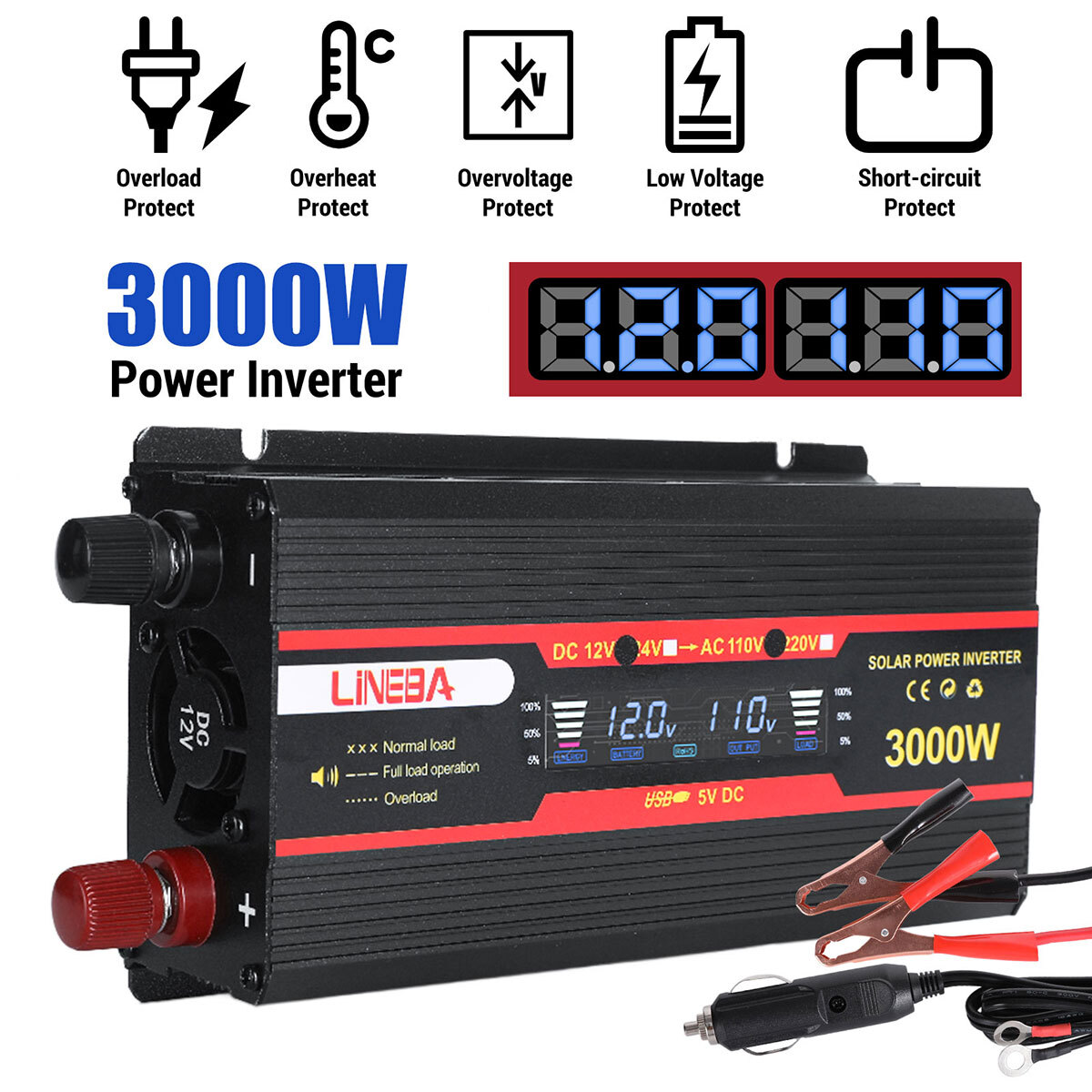 5000W 2500W 1500W Car Power Inverter DC 12V To AC 110V 120V Adapter Converter US