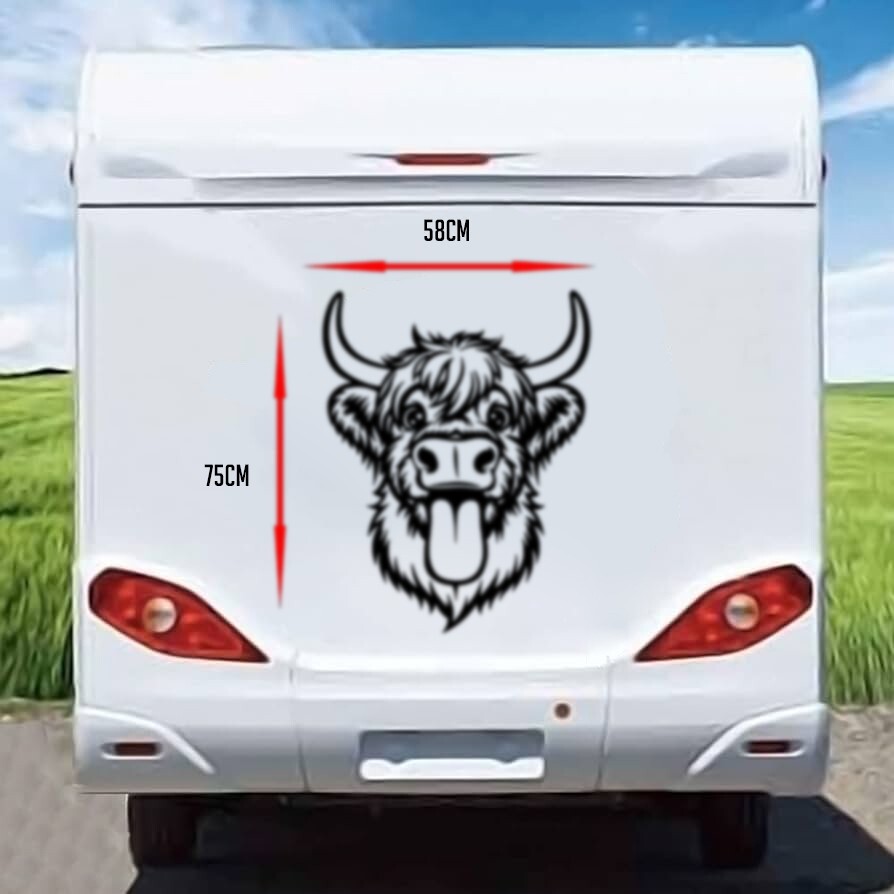 MOTORHOME CAMPER VAN CARAVAN STICKERS DECAL MOUNTAINS Funny Highland Cow large
