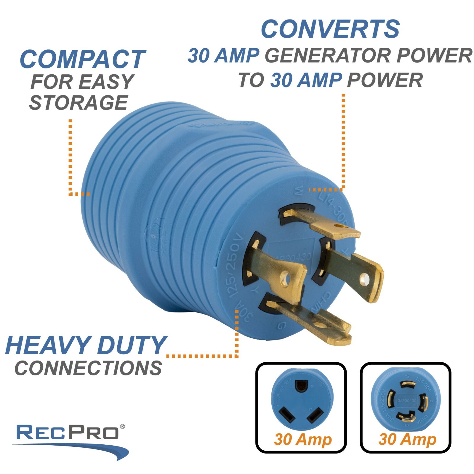 RV 30 Amp Generator Plug Adapter 4 Prong L14-30 to TT-30 125V
