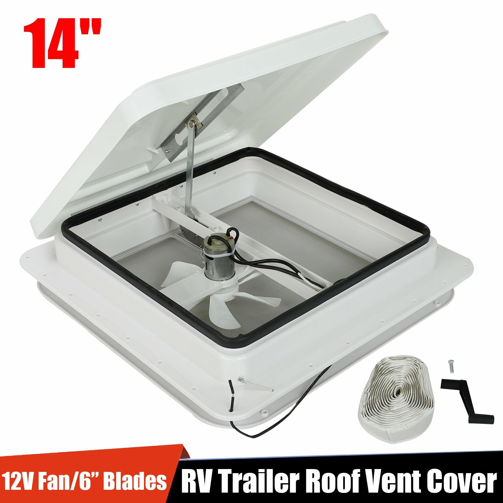 14″RV Trailer Roof Vent Complete 12V Fan w/ 6″Blades White Lid Interior Garnish