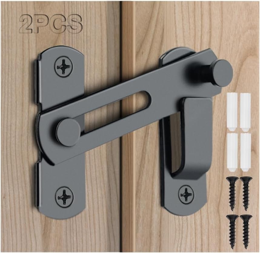 2PCS Barn Door Lock, 180 Degree Flip Sliding Latches, Gate Black