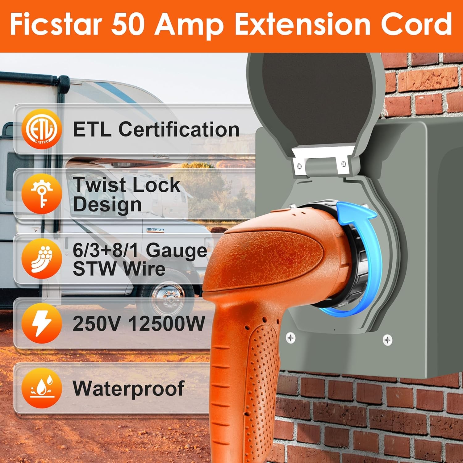 50 Amp RV Extension Cord 15 ft Heavy Duty Twist Lock NEMA 14-50P to SS2-50R