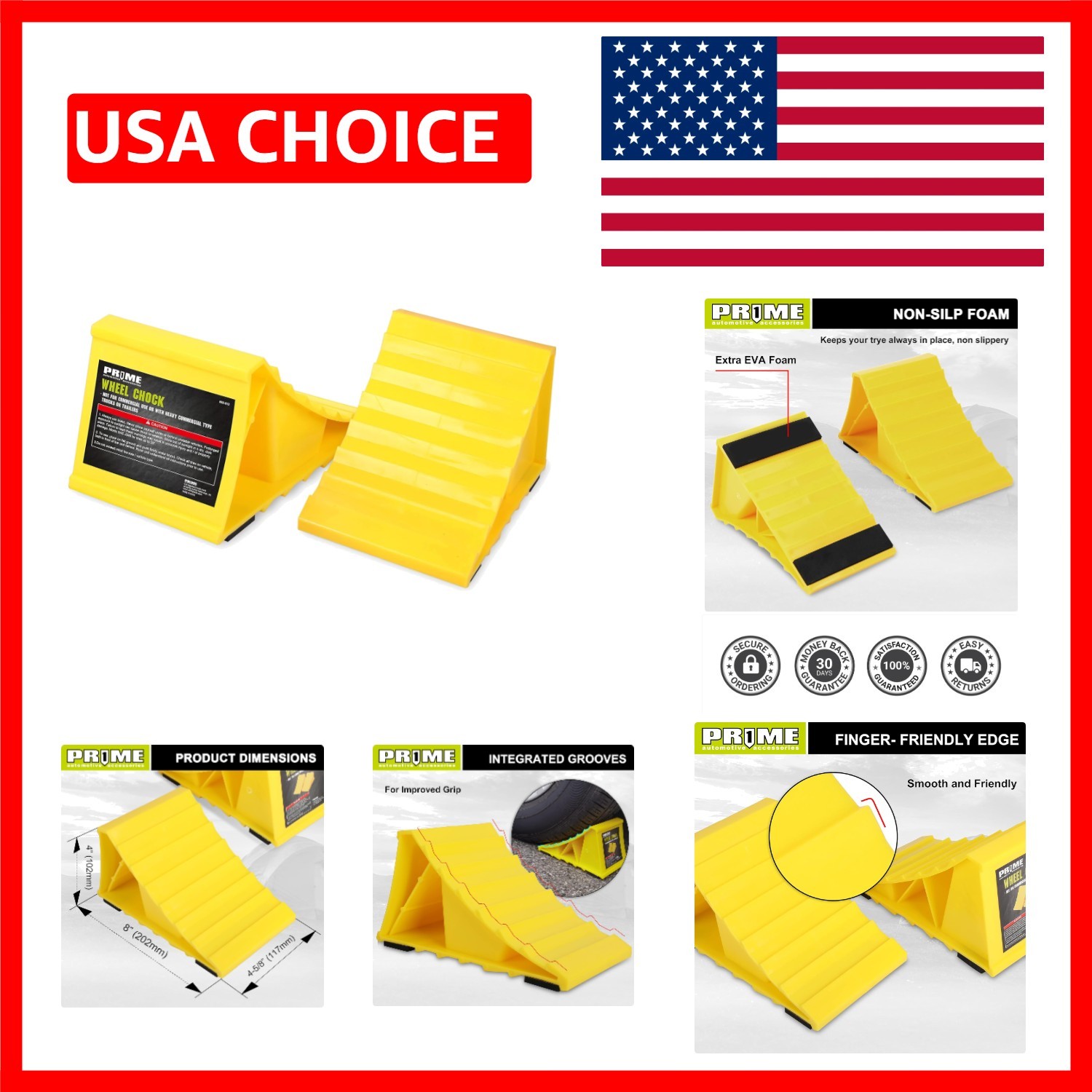 Bright Yellow PRME Wheel Chocks – 2 Pack, EVA Non-Slip for Trailers & Trucks