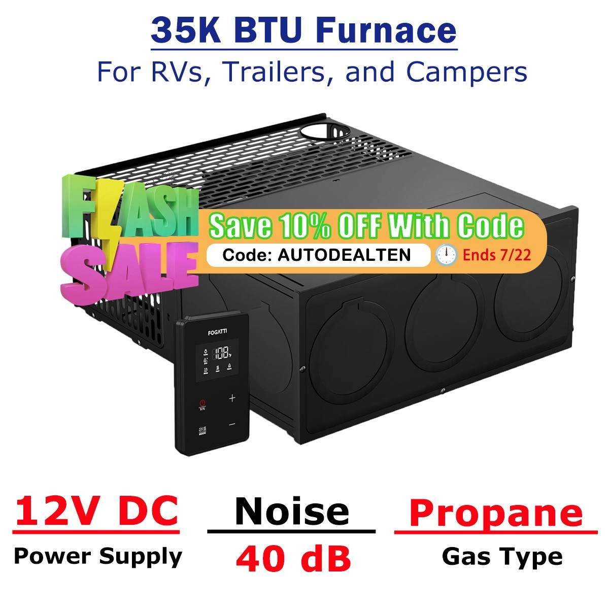 FOGATTI RV Camper Motorhome Trailer Furnace 35,000 BTU 12V with Thermostat