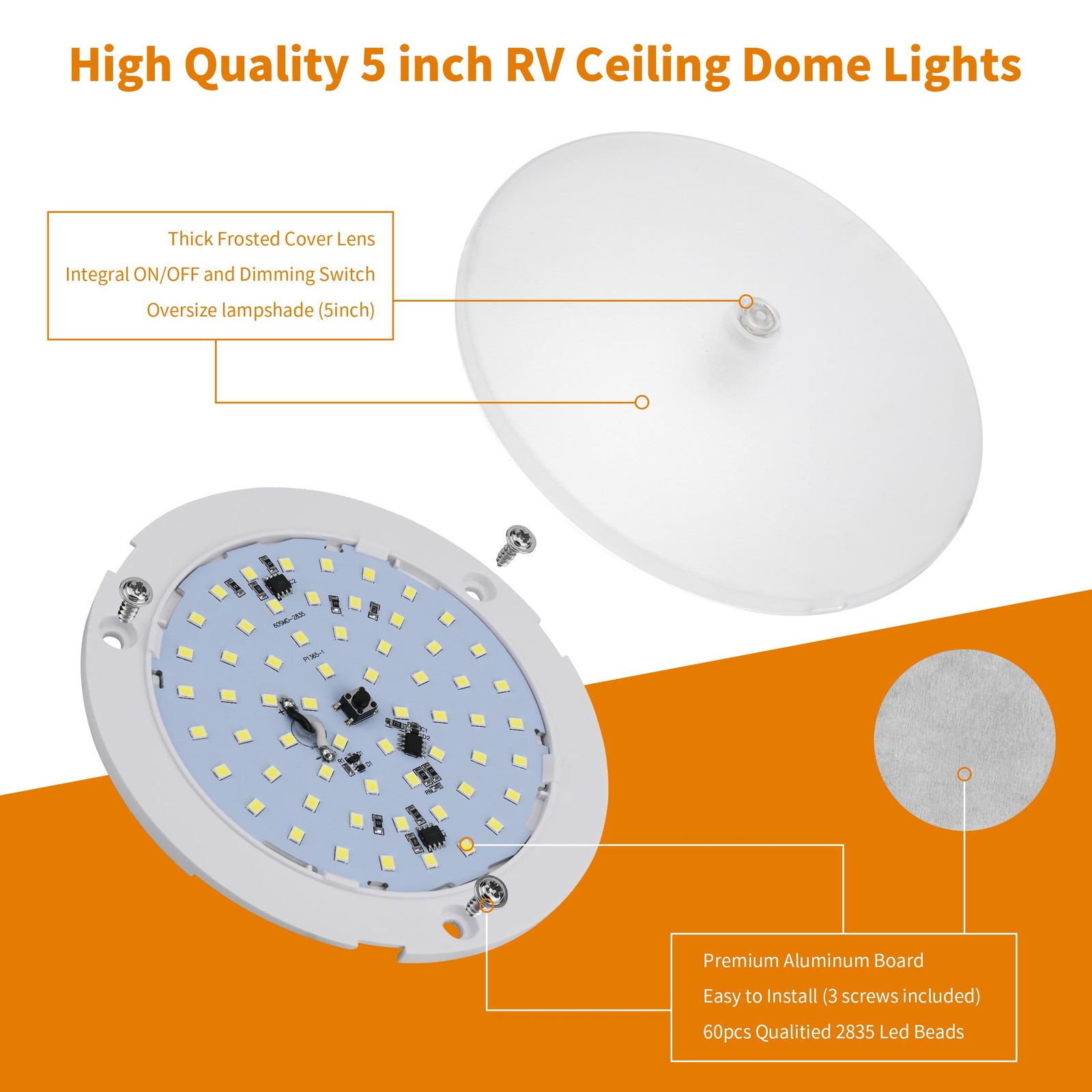 RVZONE RV Lights Interior, 5 Inch Cool 5 Pack, White 5500-6500K,