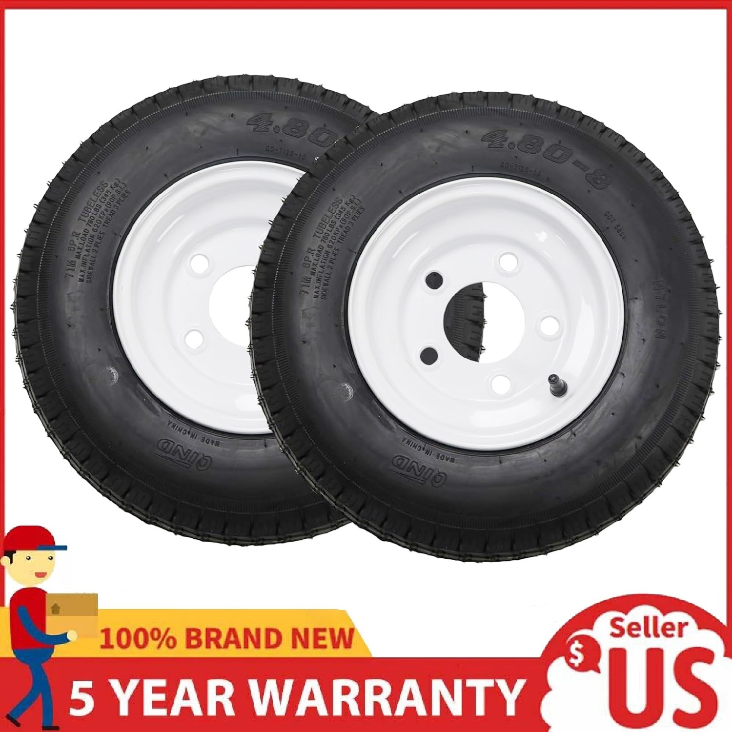 2pcs Trailer Tire on Rims 4.80-8 4.80×8 480-8 8″ Load Range C 5 Lug on 4.5″,6PR