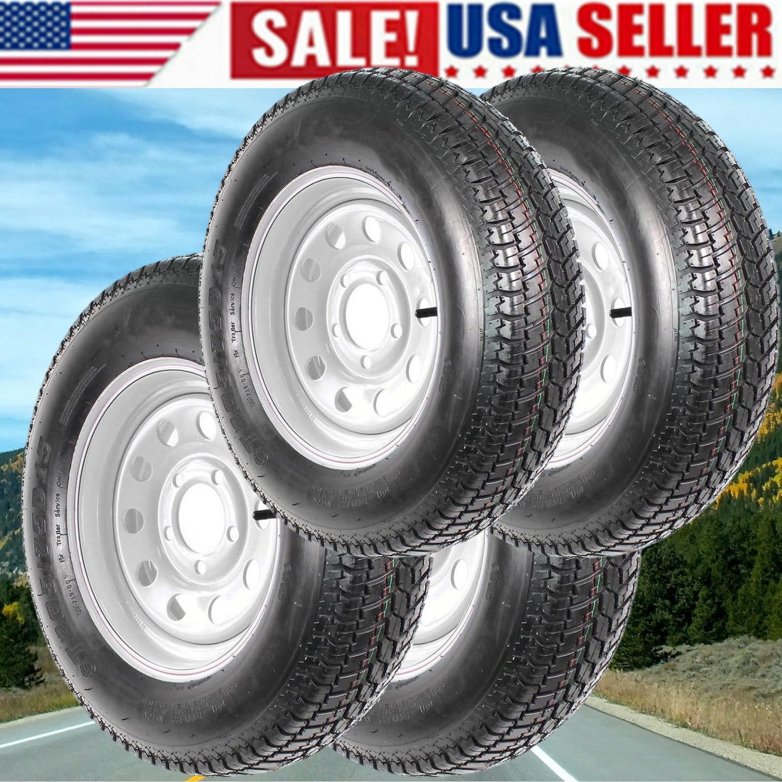 4 Pack ST205/75D15 Trailer Tires on Rims 205/75 15 in. 5 Lug Silver Spoke Wheel