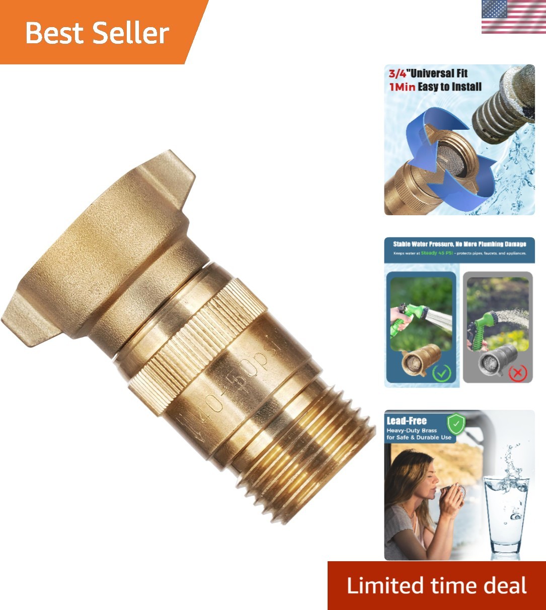 High Flow Water Pressure Regulator for RV, Brass 3/4″ GHT with Built-In Filter