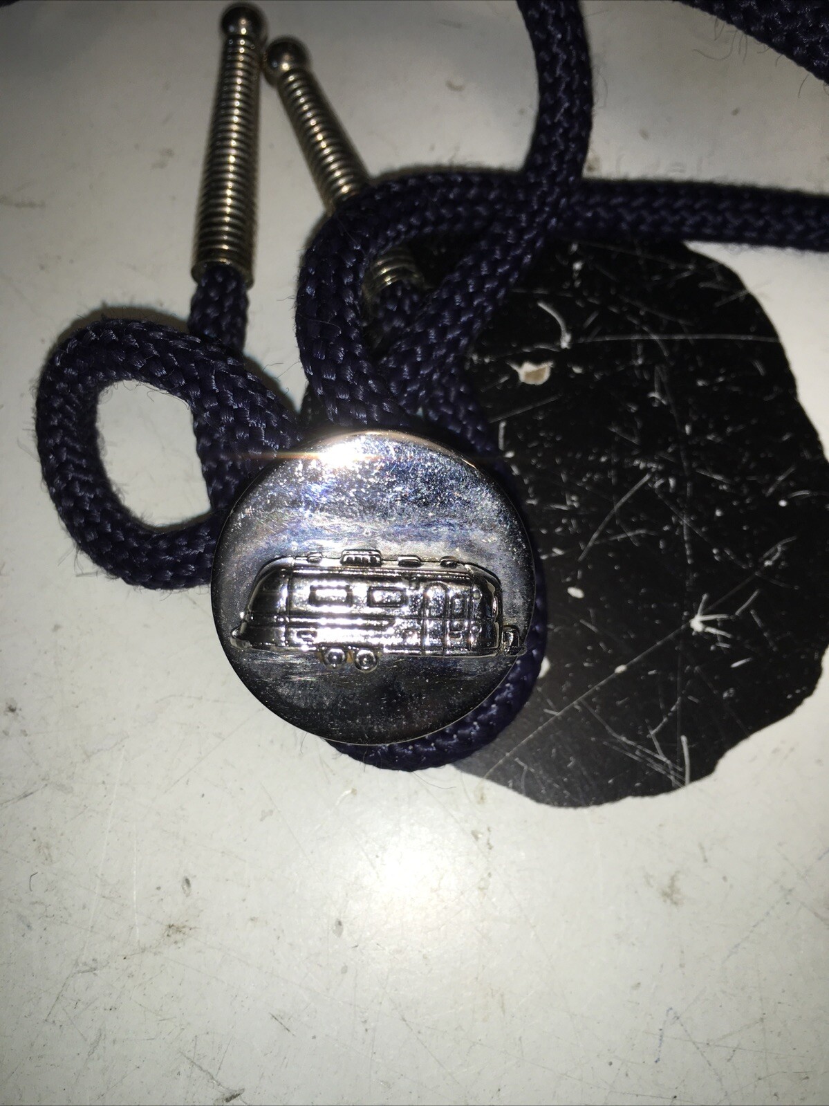 Vintage Airstream Trailer Bolo Tie USA 1970’s Nice Medallion And Silver Tips