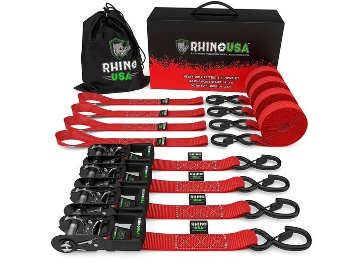 Rhino USA HDKIT-4PK-RED 1.6″ x 8′ HD Ratchet Tie-Down Set (4-Pack) Red